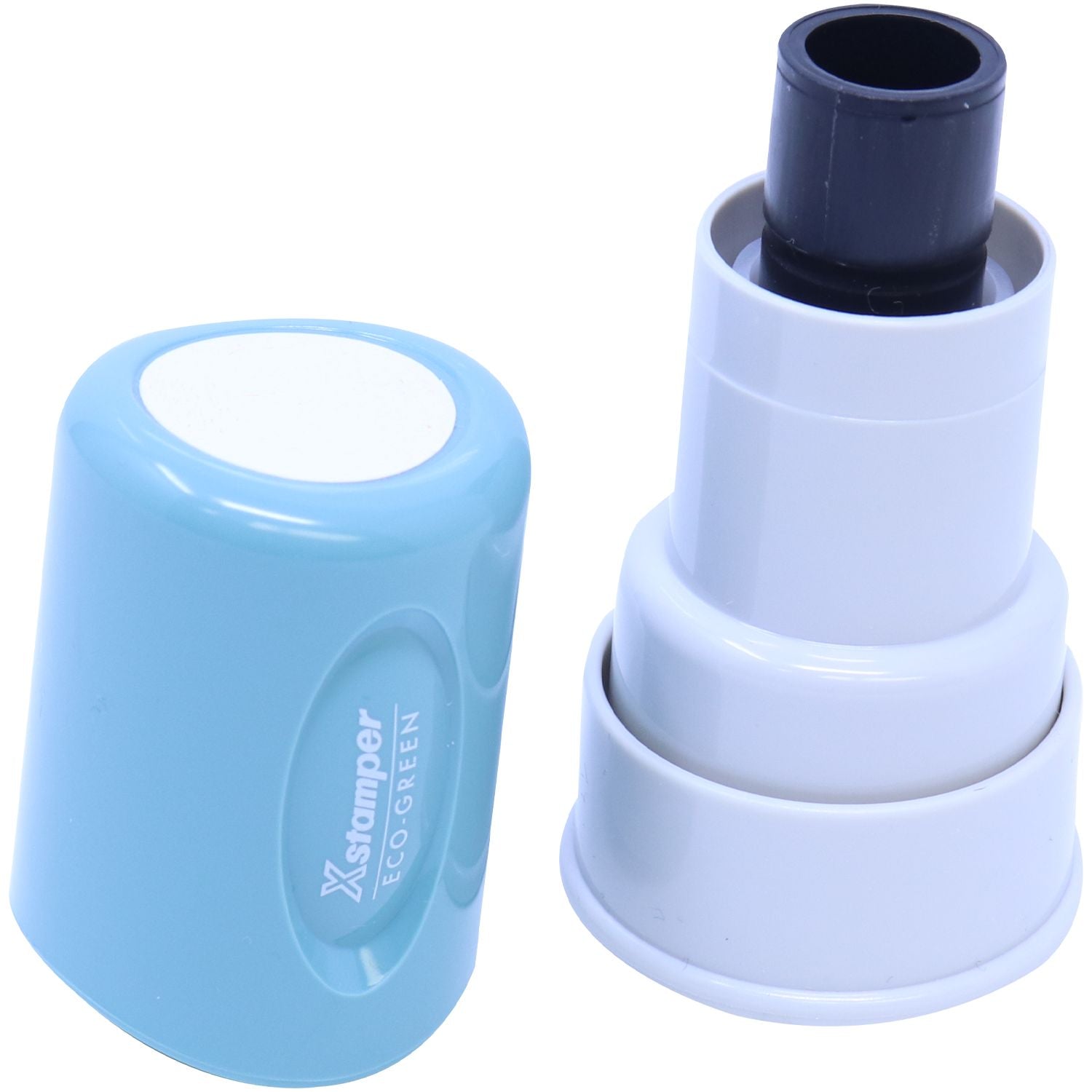 Xstamper ink cartridge and holder with protective cap for self-inking date stamps, shown in blue and white.