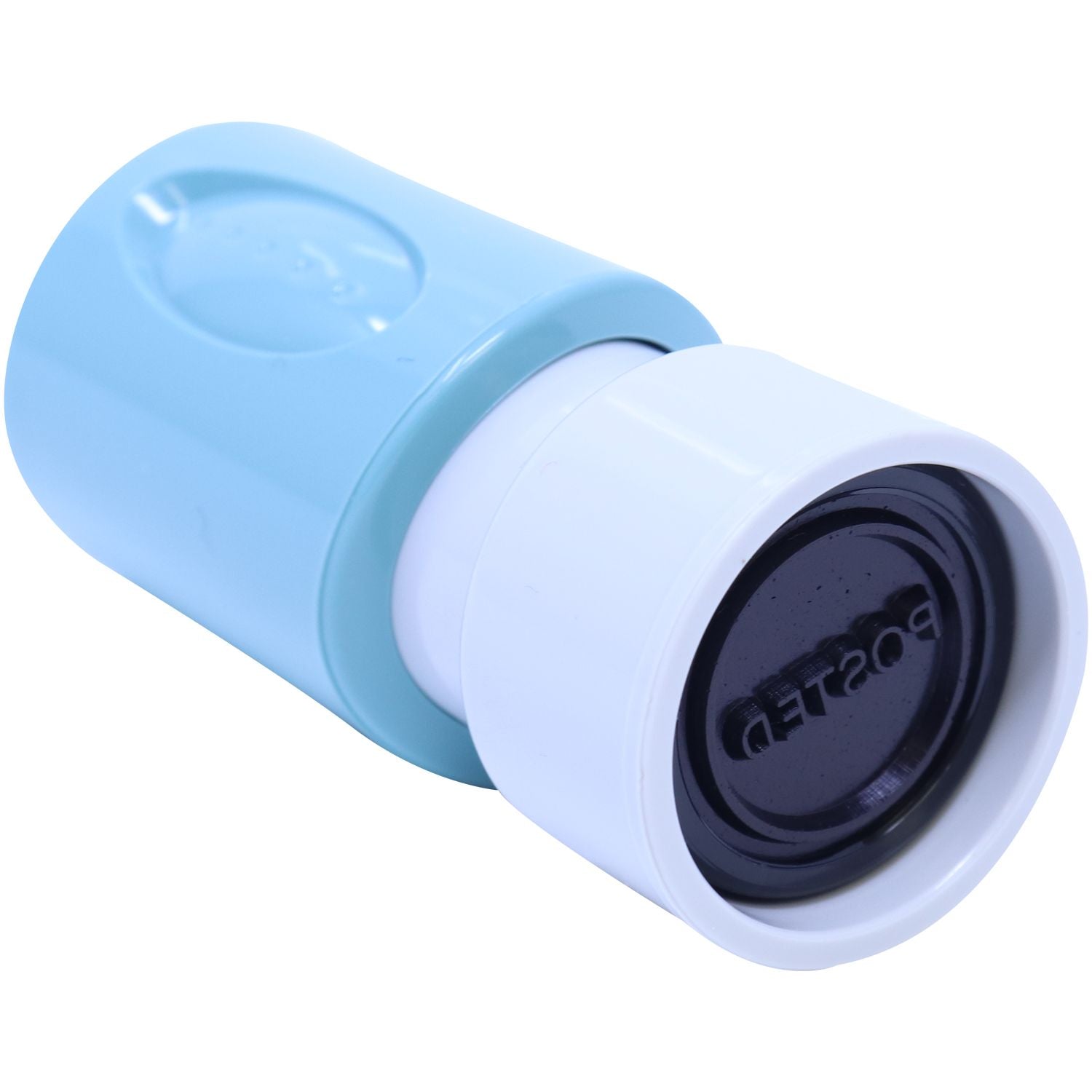 Close-up of blue-and-white medical device cartridge showing threaded dark port, designed for secure connection.