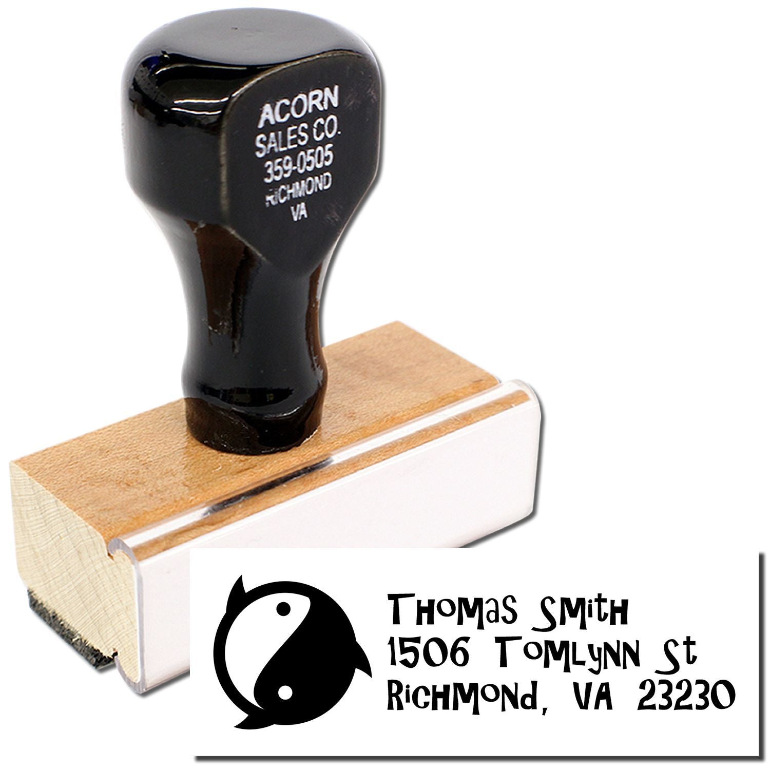 Custom address rubber stamp with yin-yang logo, personalizing Thomas Smiths Richmond, VA return address imprint.