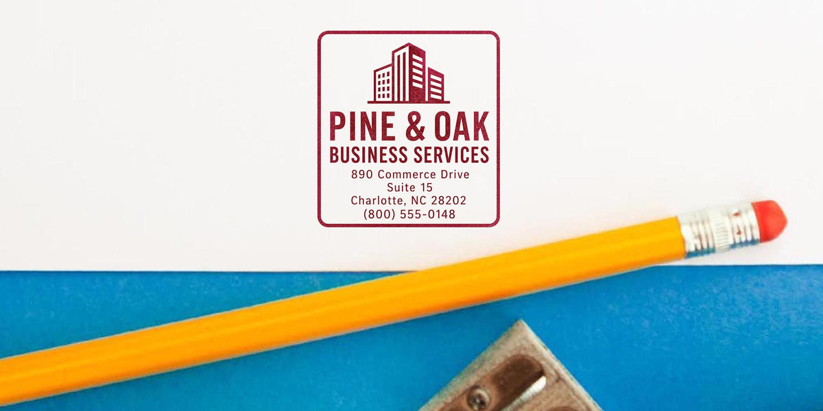 Pine & Oak Business Services logo on stationery with pencil and sharpener, Charlotte, NC office branding and contact information