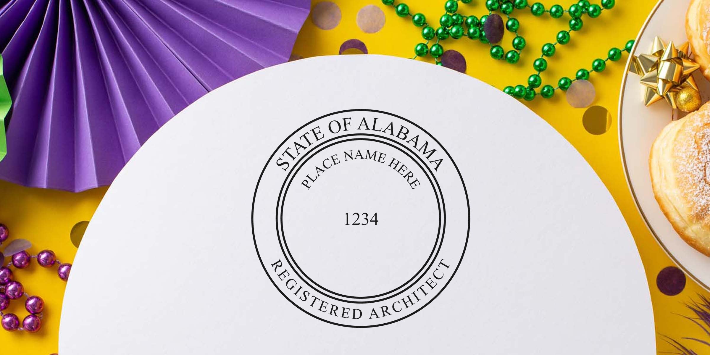 Alabama architect stamp with Mardi Gras decor and powdered donuts on yellow background, emphasizing Alabama architect stamp expiration rules.