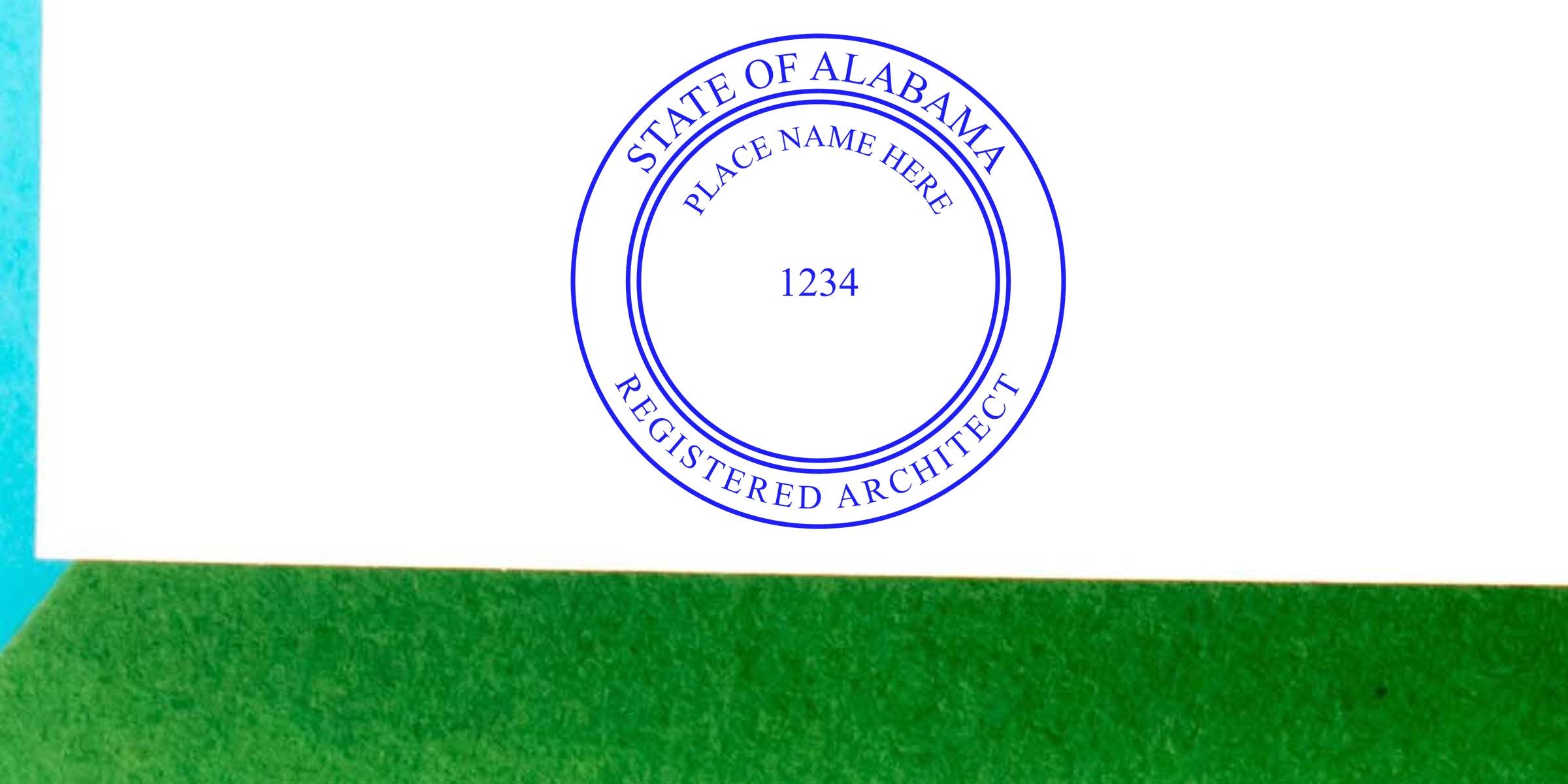 Alabama architect seal embosser with license number and location, set on white and green background, showcasing architectural design tools.