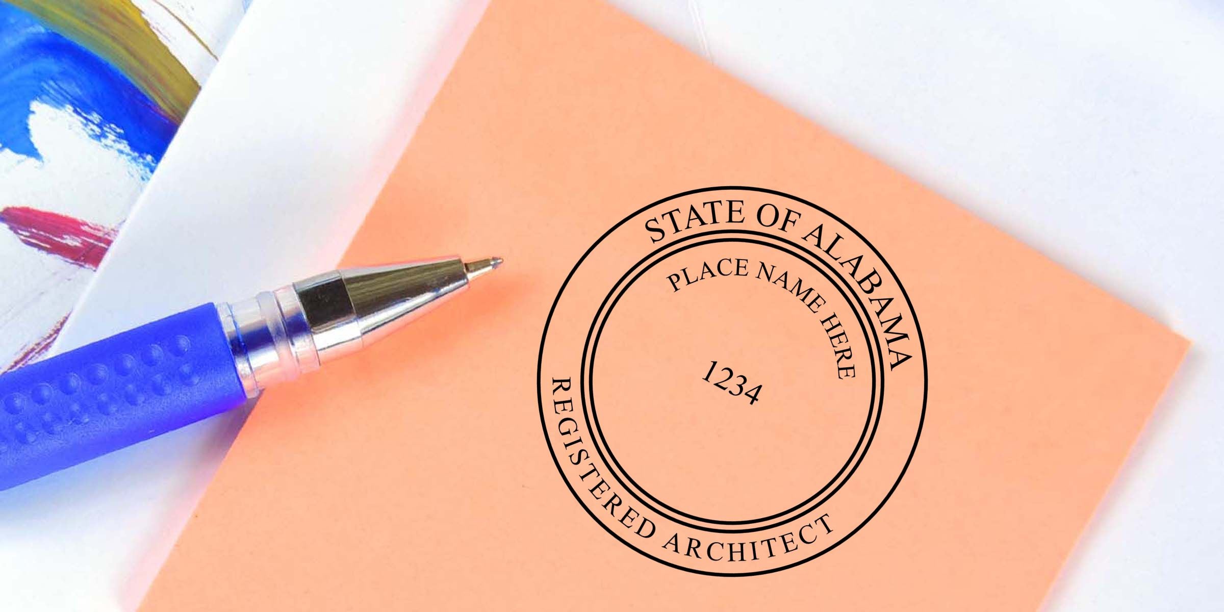 Blue pen on peach-colored paper with Alabama registered architect seal and placeholder stamp for state of Alabama registration details