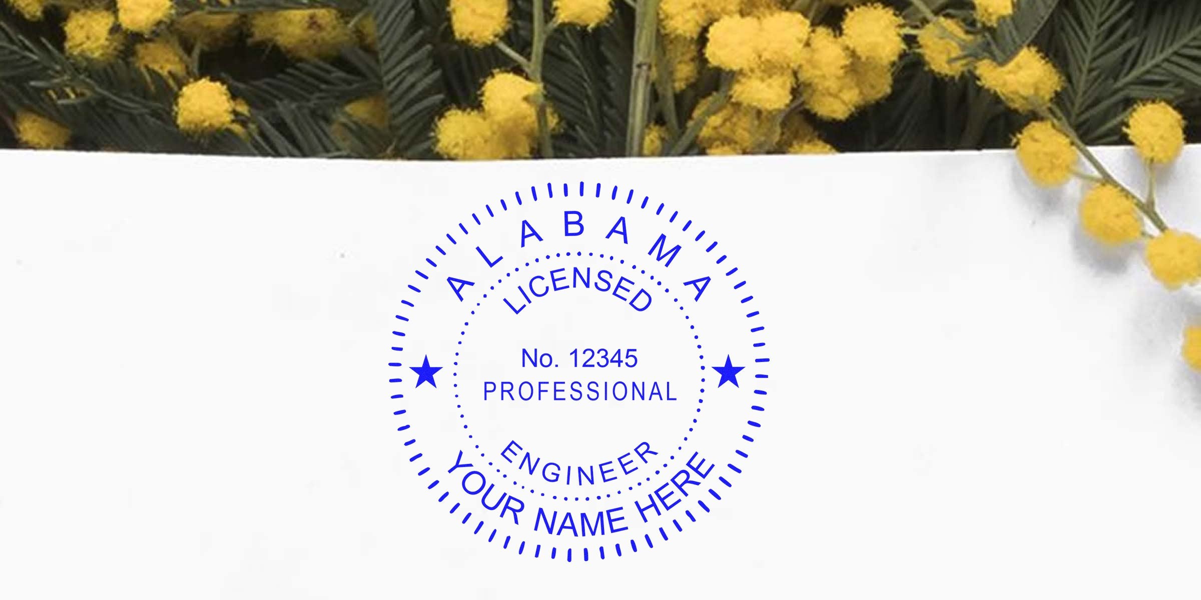 Engineer Stamp Alabama with licensed professional engineer seal on yellow flowers background, highlighting Alabama Engineering Rules.