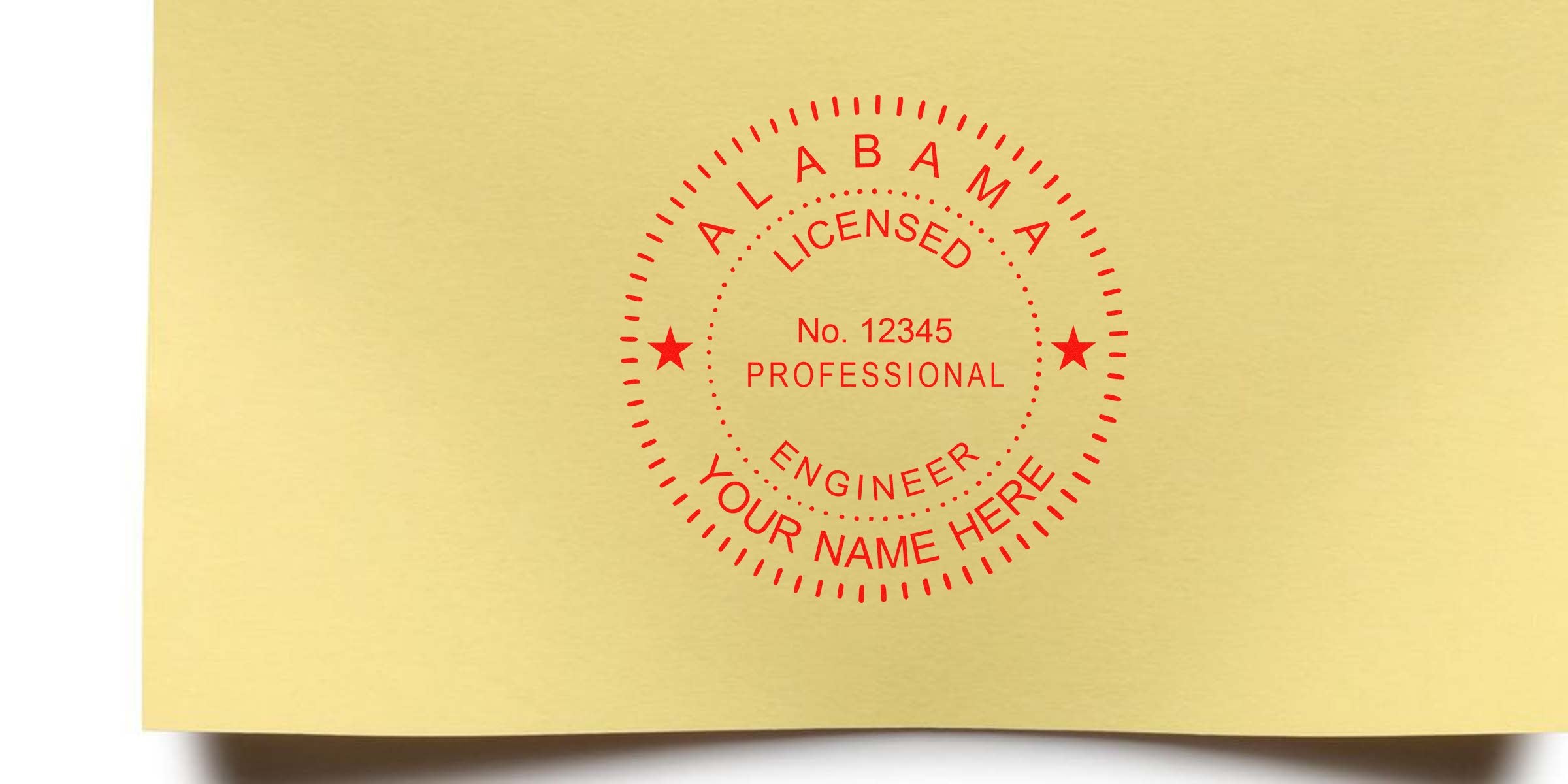 Alabama engineer stamp on yellow paper, customizable with name and license number—ideal for engineer stamp orders.