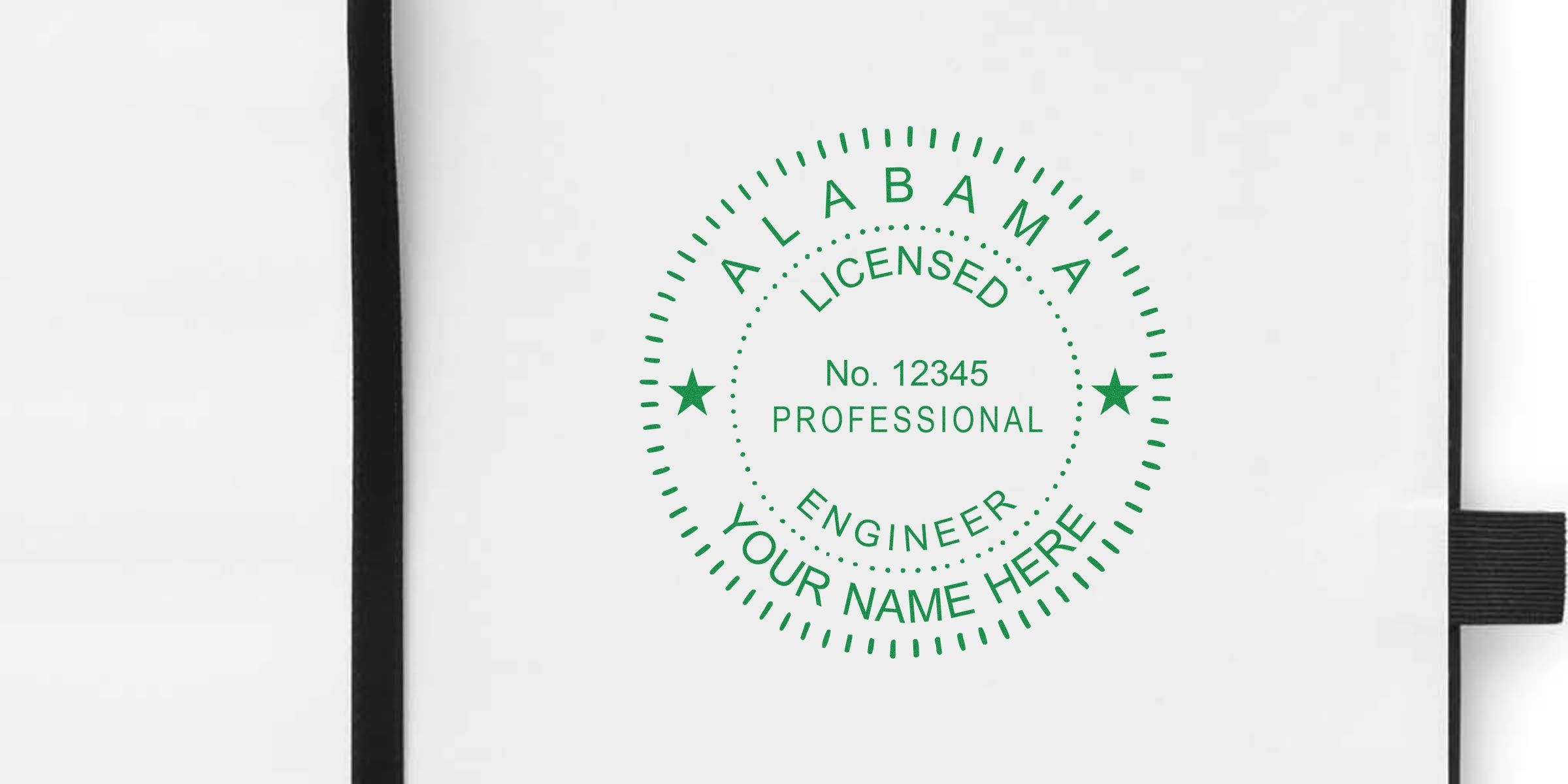 Alabama engineer stamp template showing a licensed professional engineer stamp on white paper with a black border.