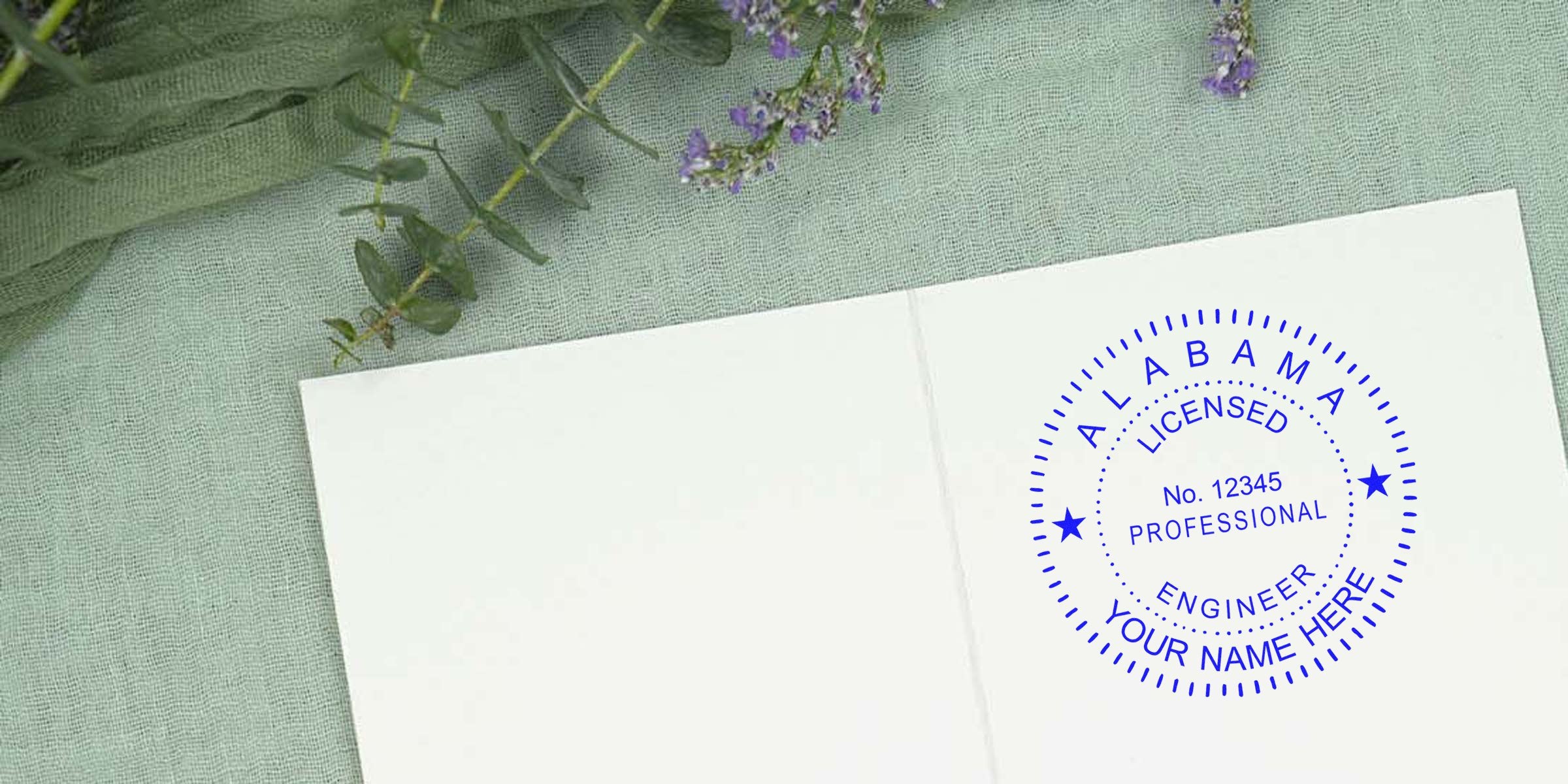 Engineer Stamp Alabama on white paper with Alabama licensed professional engineer seal, surrounded by greenery; Seal Cost Alabama shown.