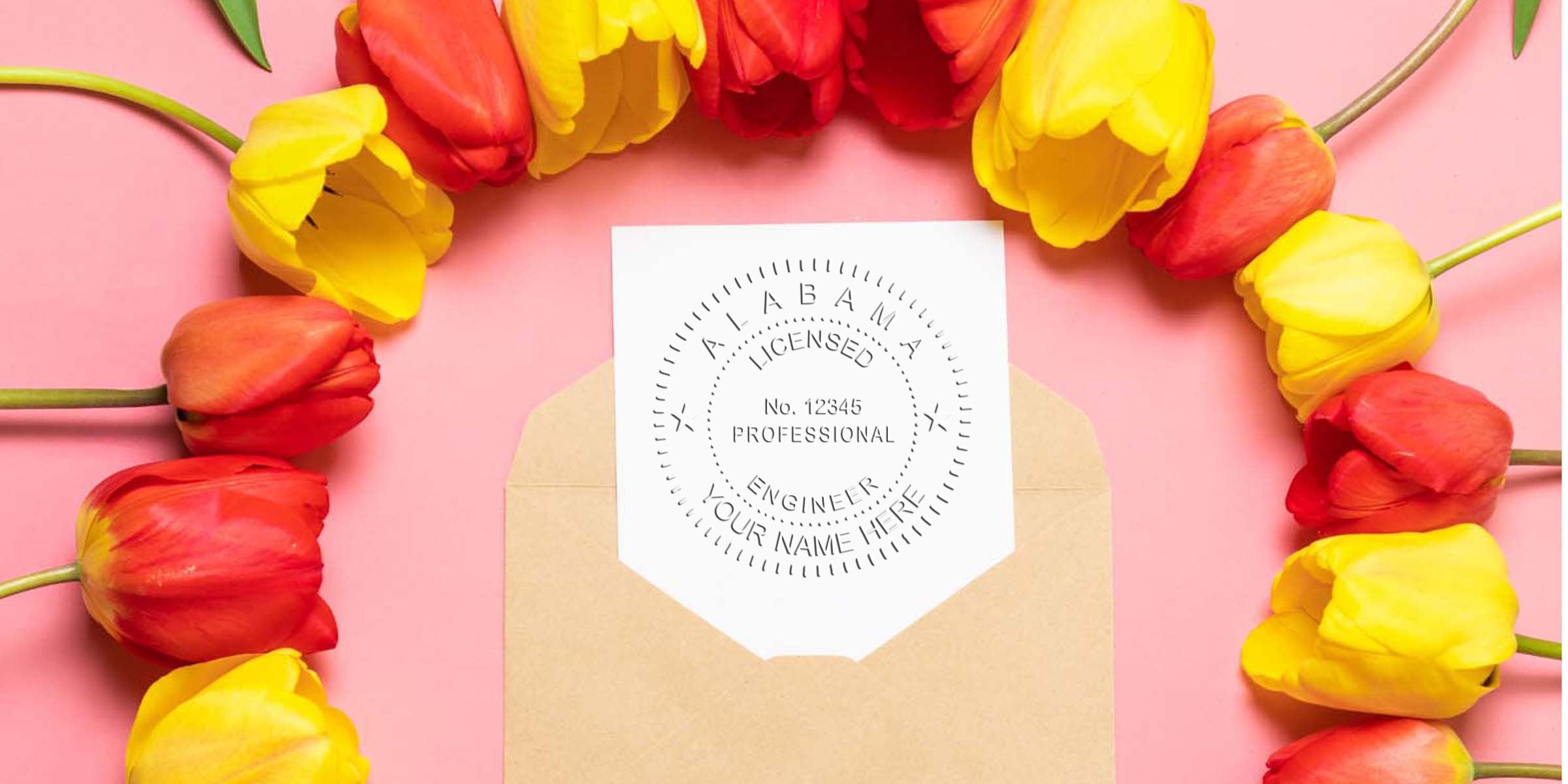 Red and yellow tulips frame an envelope holding an Alabama licensed professional engineer certificate with an Engineer Stamp on a pink background, emphasizing Alabama Engineer Stamp Purchase.