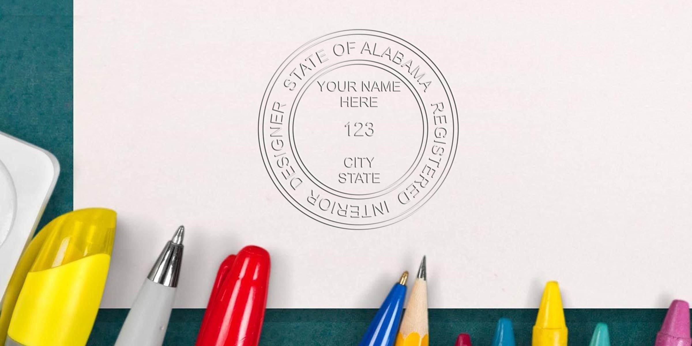 Alabama Interior Designer Seal on white paper with colorful pens and pencils on a green background, symbolizing Interior Design Certification in Alabama.
