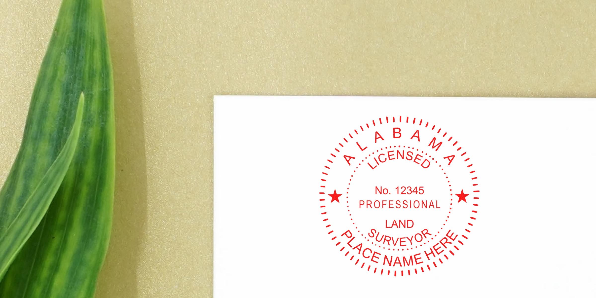 Alabama licensed professional land surveyor stamp (AL PLS Seal) on white paper with green leaf on beige background, emphasizing the significance of the AL PLS Seal.