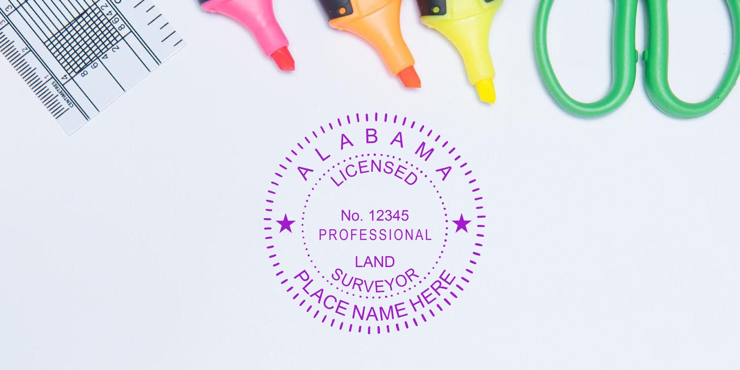 Alabama land surveyor stamp with licensed seal, surrounded by highlighters, ruler, and scissors on white background, illustrating surveyor stamp requirements.