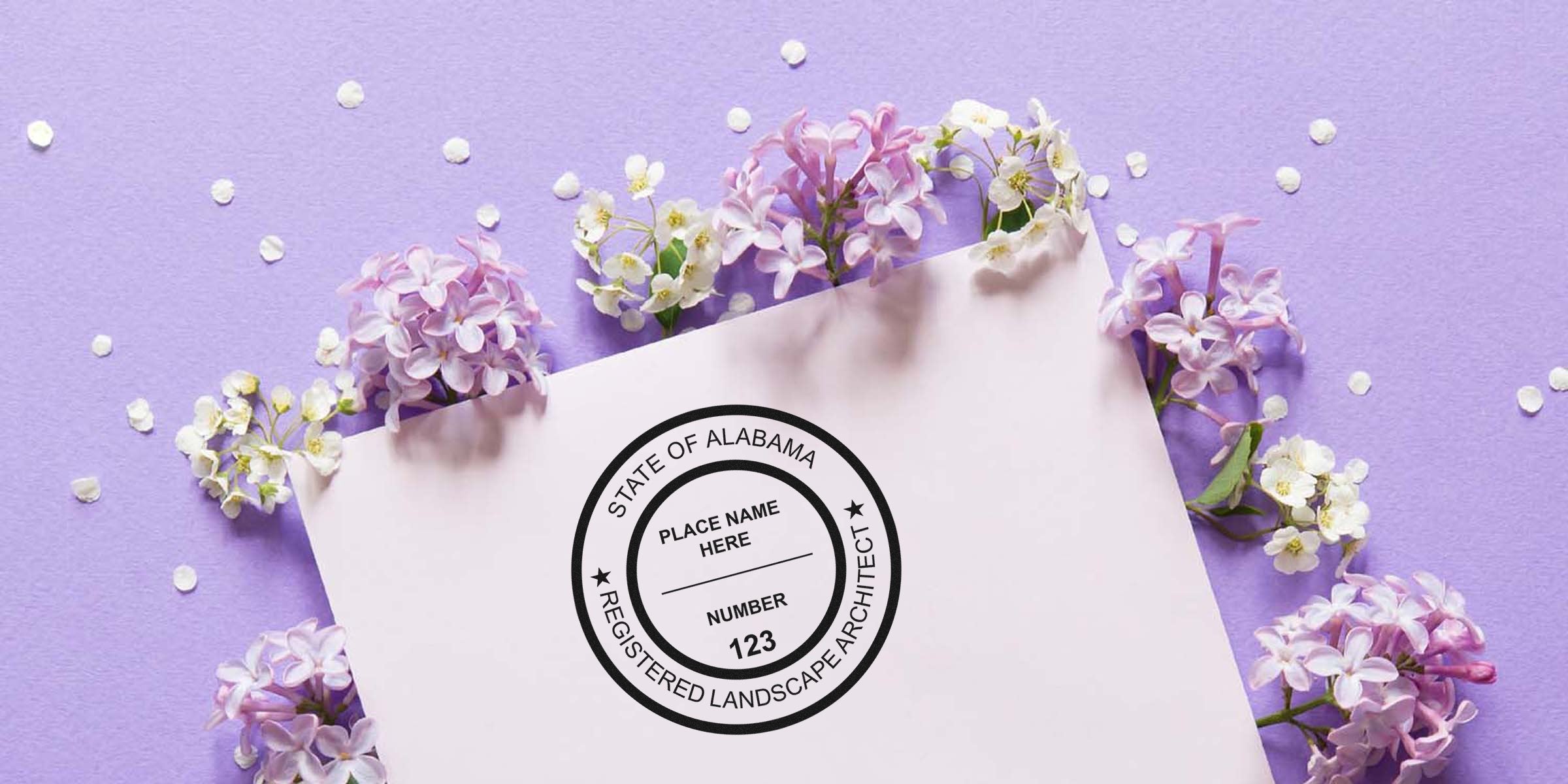 Alabama landscape architect stamp with the State of Alabama registered landscape architect seal on a floral background, perfect for ordering a landscape architect stamp in Alabama.