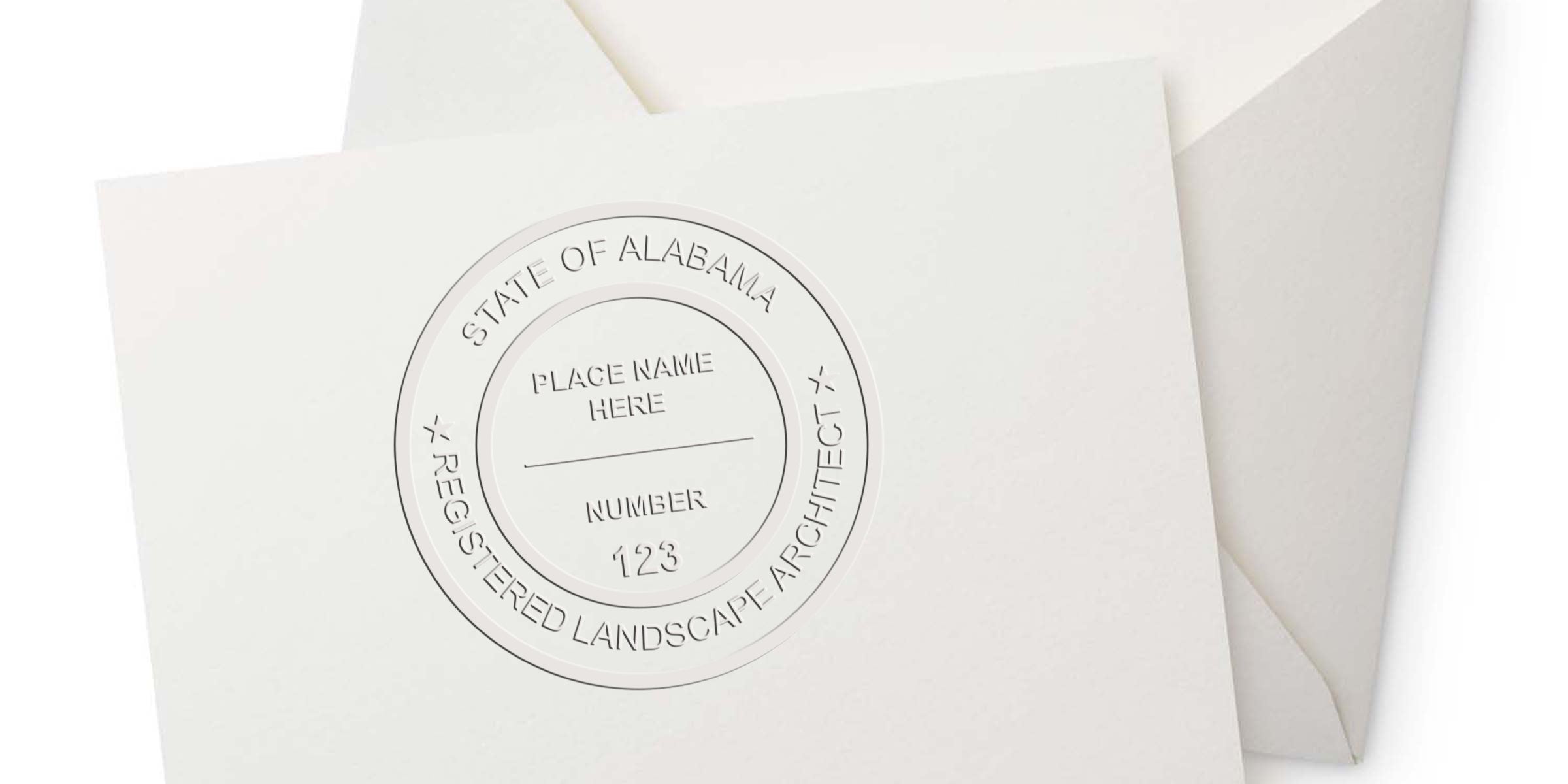 Embossed Alabama Landscape Architect stamp on white paper with envelope, showing Alabama Landscape Architecture Licensing seal.
