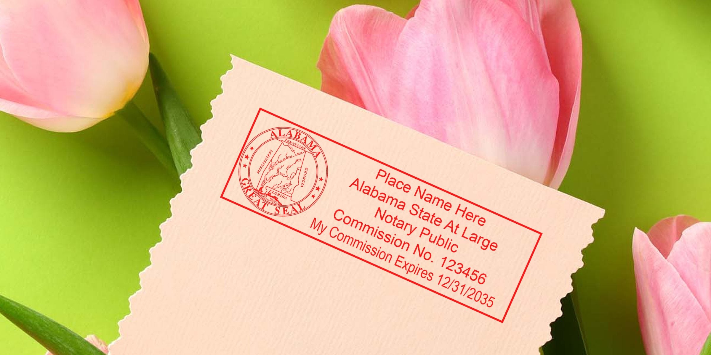 Alabama notary seal stamped on paper with pink tulips background, showcasing an Alabama notary stamp design.