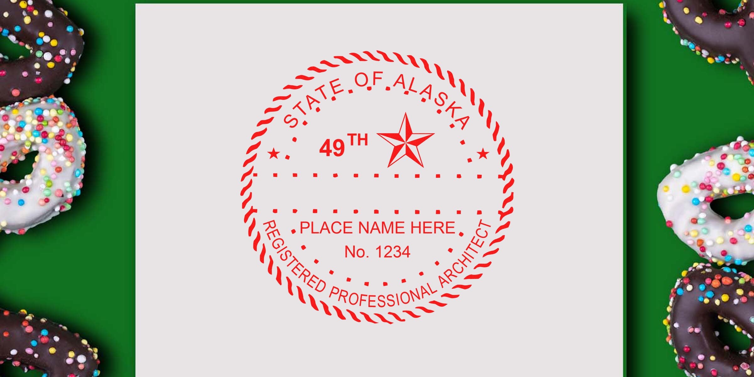 Alaska architect seal with colorful sprinkled donuts on green, showcasing Alaska architect stamp and its requirements.