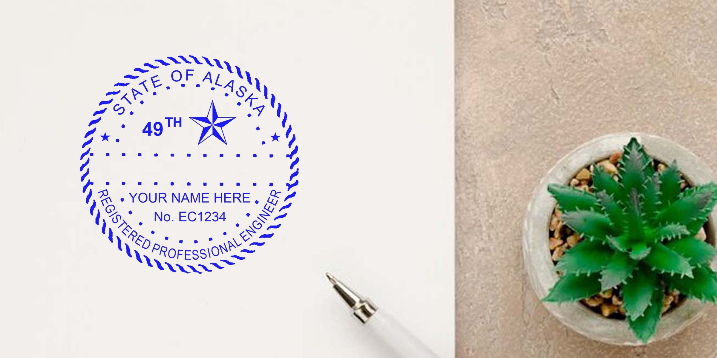 Engineer stamp of Registered Professional Engineer seal, Alaska, with pen and succulent on beige surface, emphasizing Alaska engineering law.