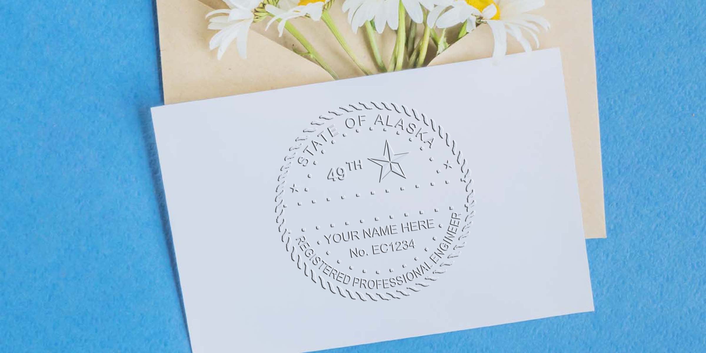 Alaska professional engineer stamp embossed on white paper with flowers and a blue background, displaying Alaska engineer stamp details.