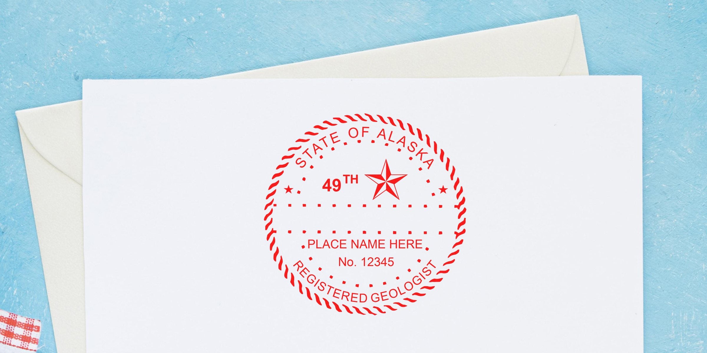 Alaska geologist stamp on white paper with envelope, set against blue background, showing Alaska registered geologist stamp and geologist stamp template.