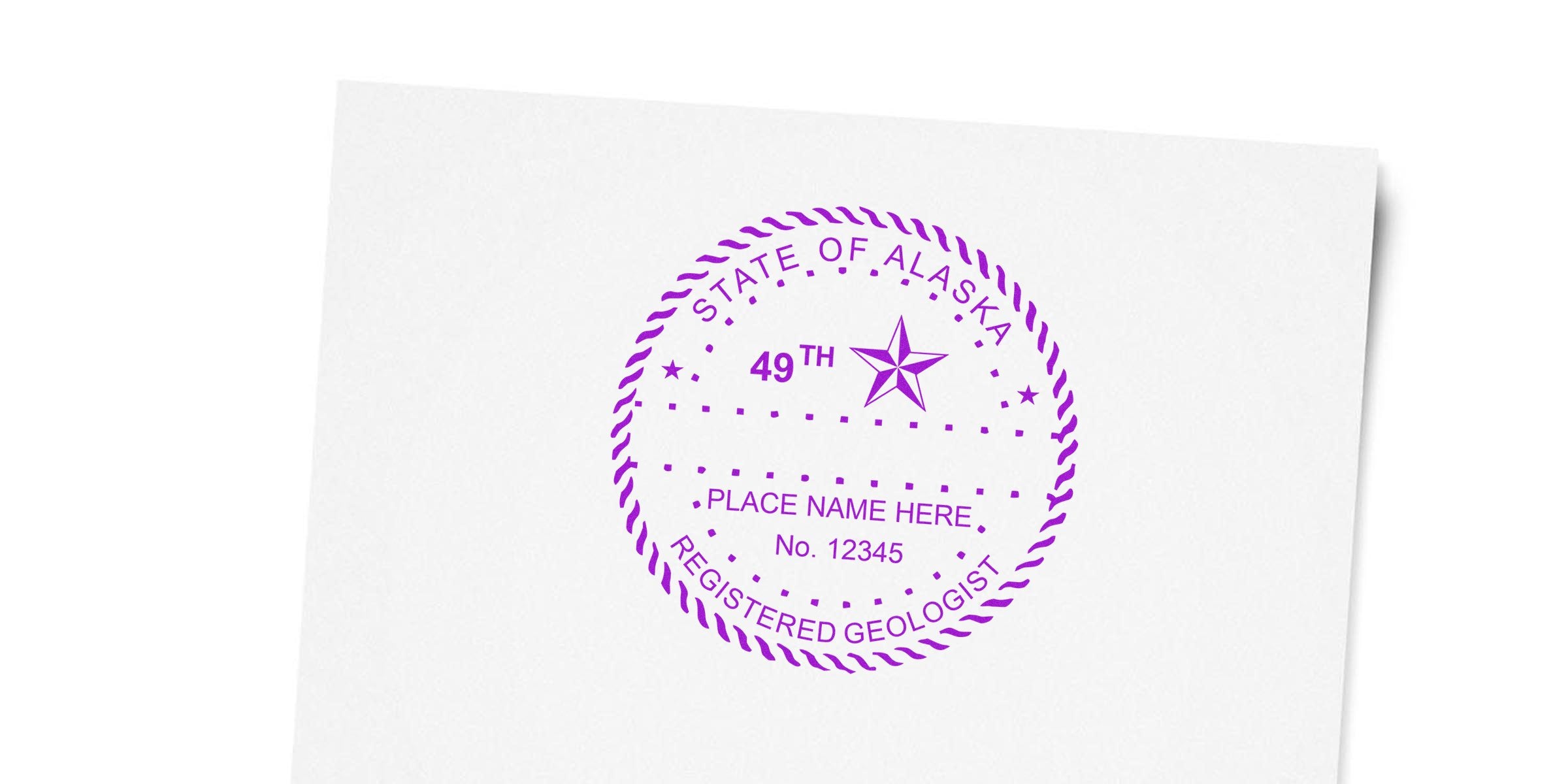 Alaska Geologist Stamp in purple ink on white paper, displaying the State of Alaska registered geologist seal per the Geologist Embosser Guide.