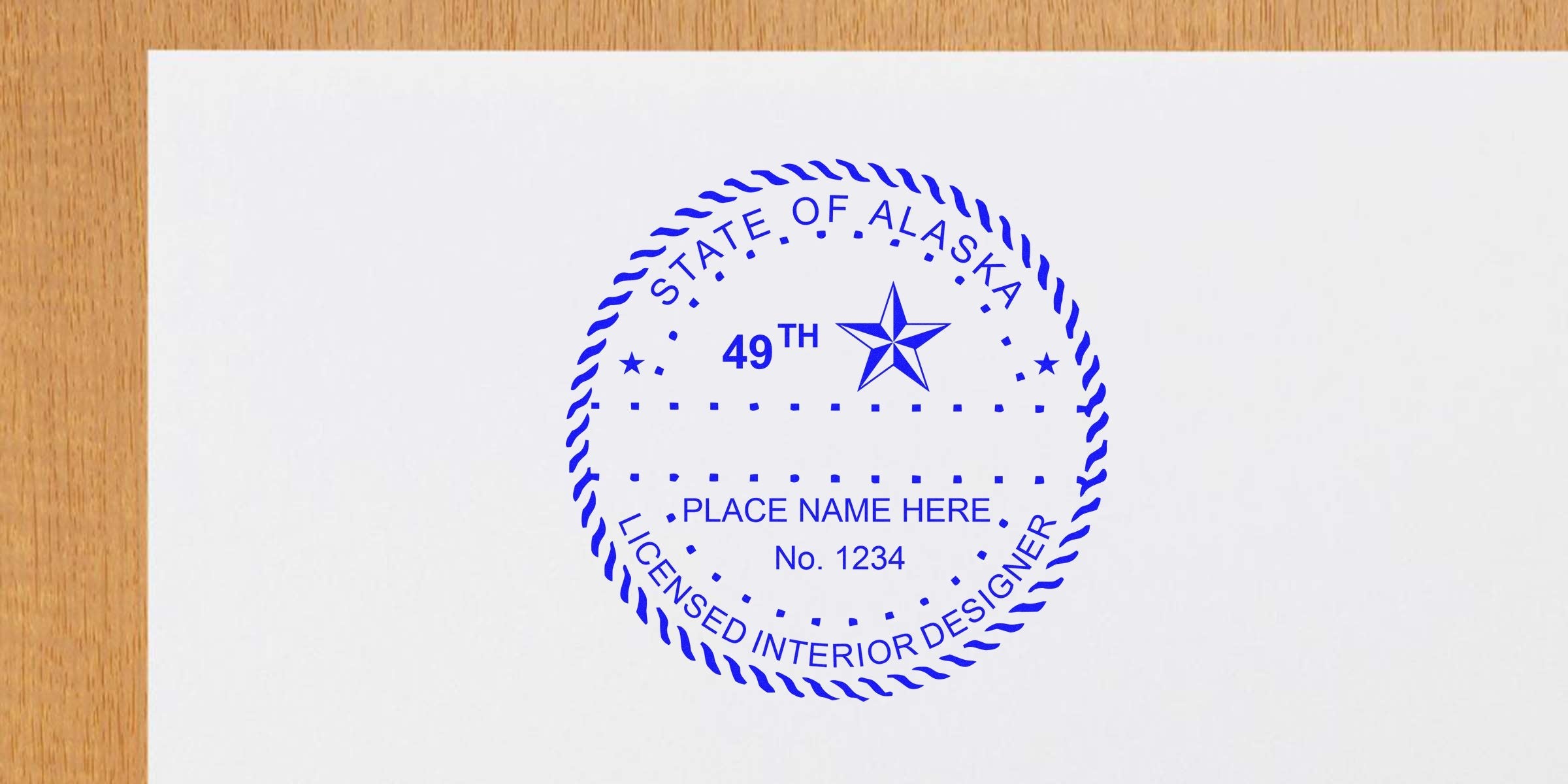 Alaska interior designer seal on white paper with customizable place name and license number, perfect for interior design stamps.