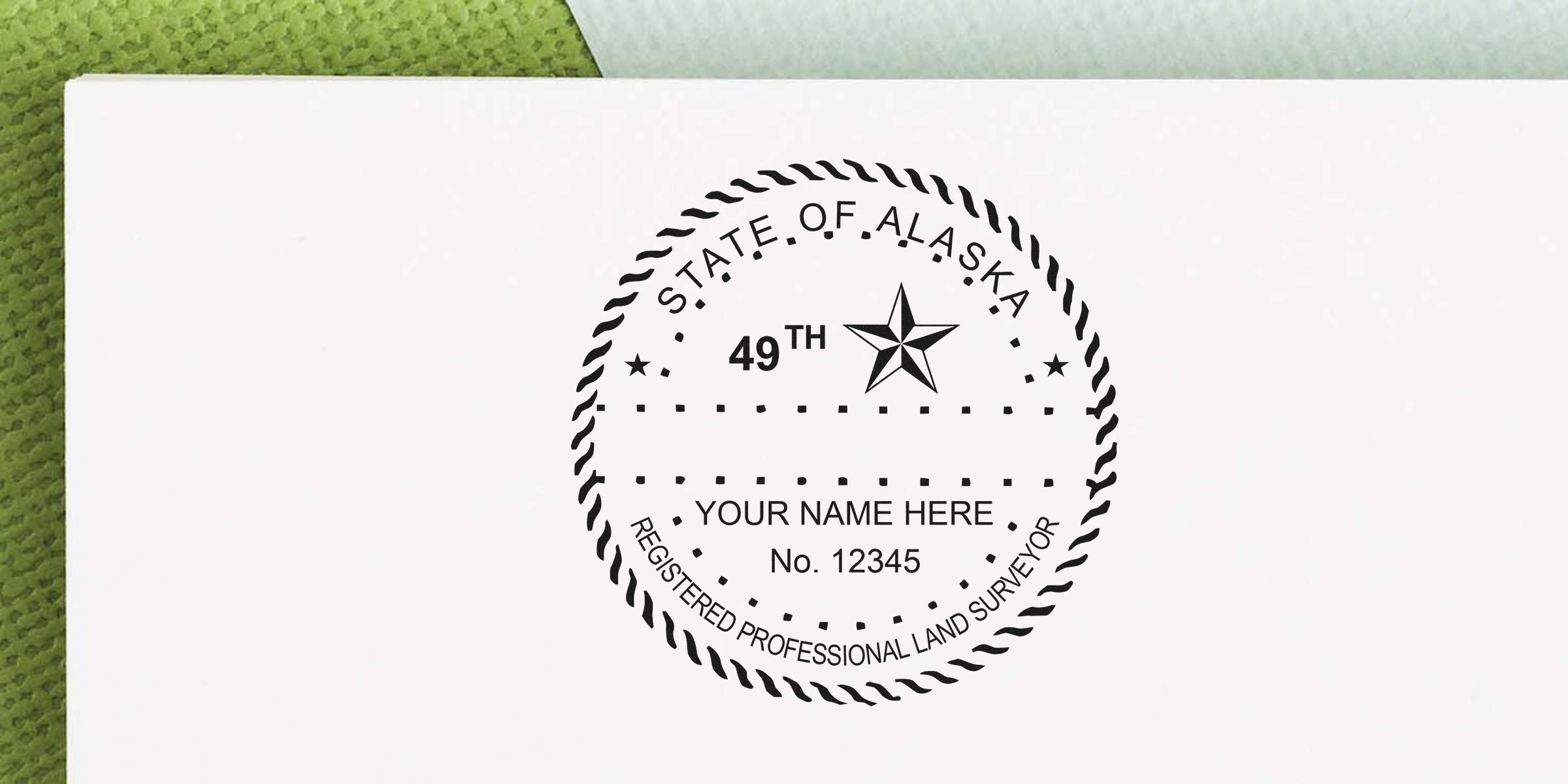 Alaska land surveyor stamp with registered professional seal, customizable name and number, showcasing Alaska land surveyor certification.