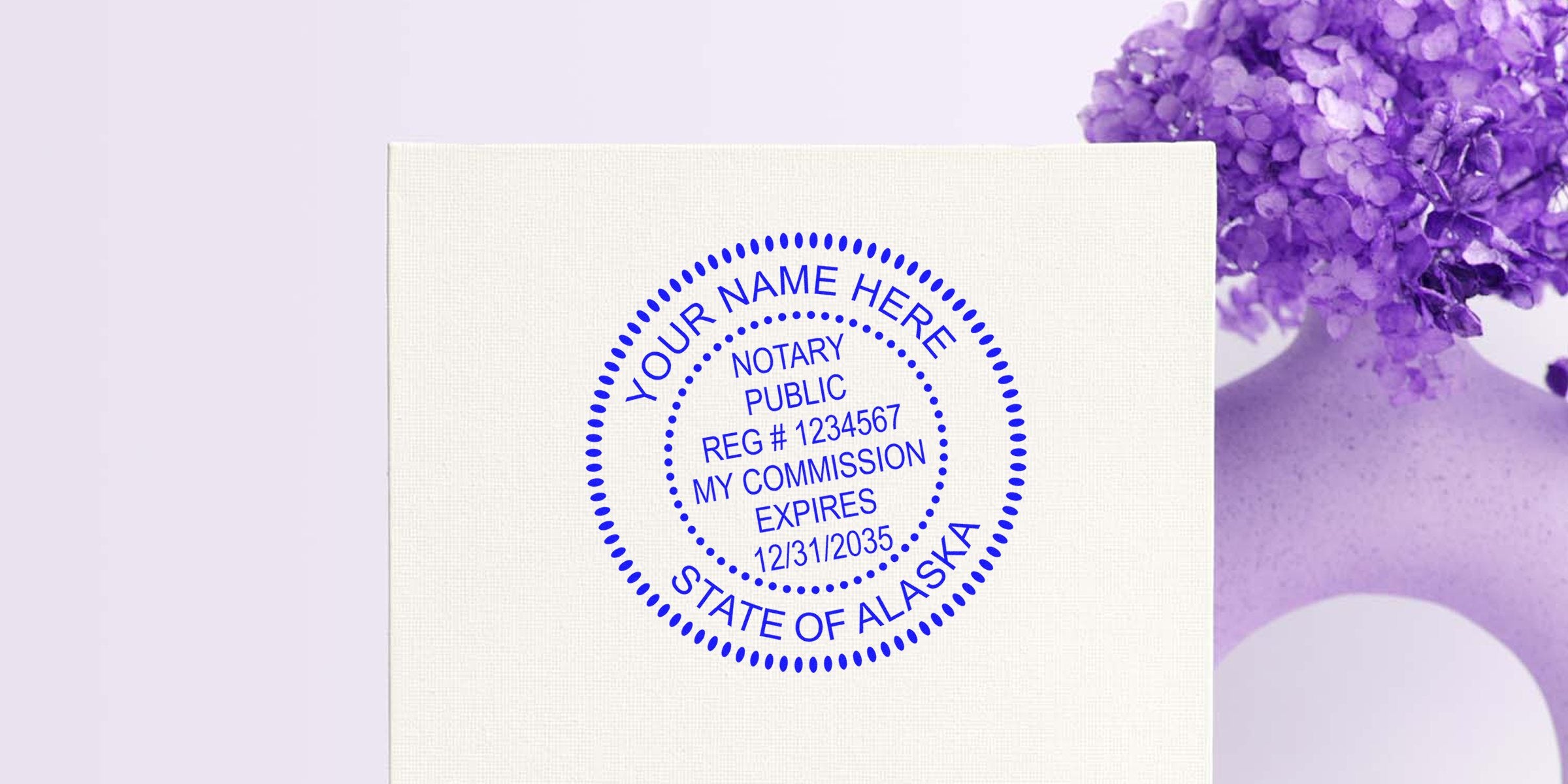 Alaska notary seal with public stamp, showing commission expiration date and registration number on white background, highlighting Alaska notary stamp options.