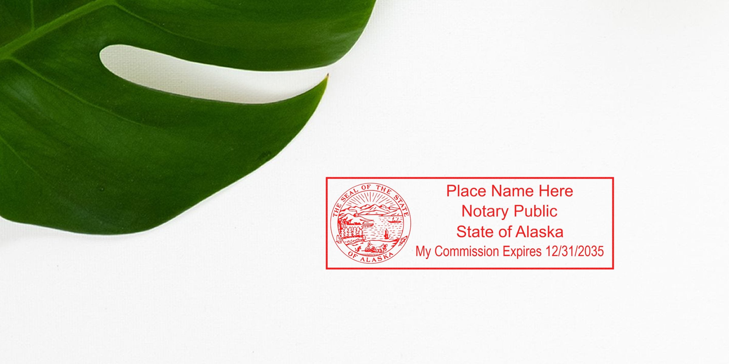 Alaskan notary public stamp with state seal and commission expiration date on white background next to green leaf, symbolizing how to become a notary in Alaska.