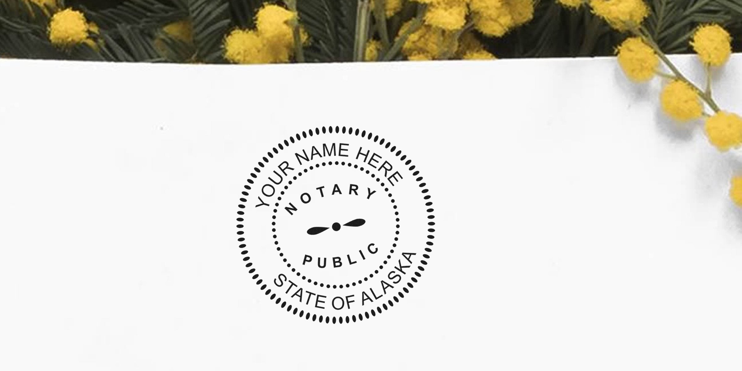 Notary public stamp with yellow flowers on white background, offering the best notary supplies and top notary products in Alaska.