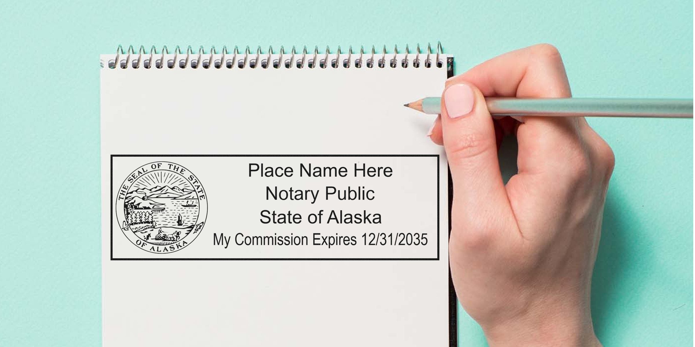 Alaska notary public commission certificate with official seal and expiration date on white notepad held by hand with pencil, complying with Alaska notary public guidelines.