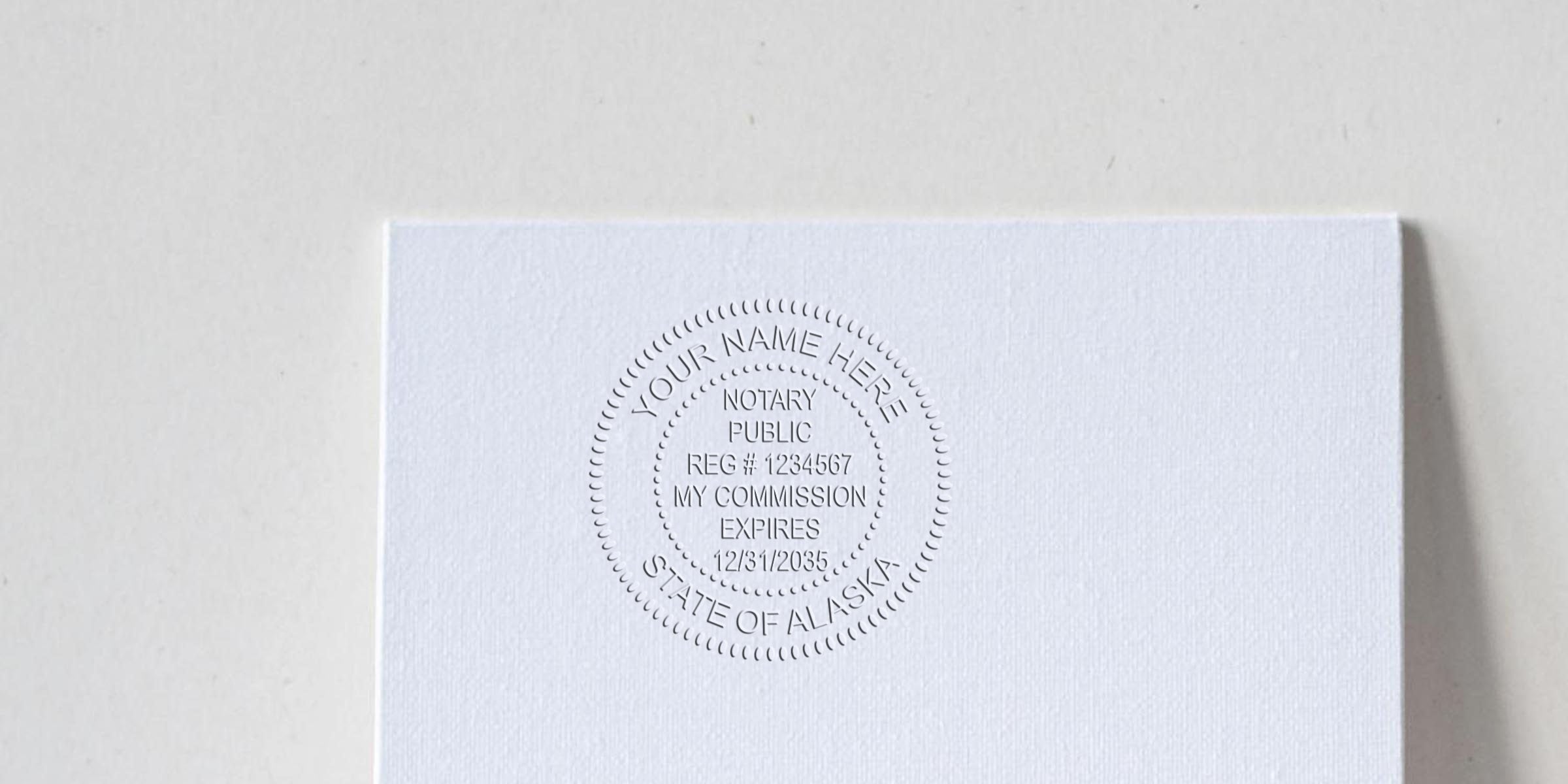 Embossed notary public seal on white paper from an Alaska Notary with commission expiration date, showing how to become a Notary.