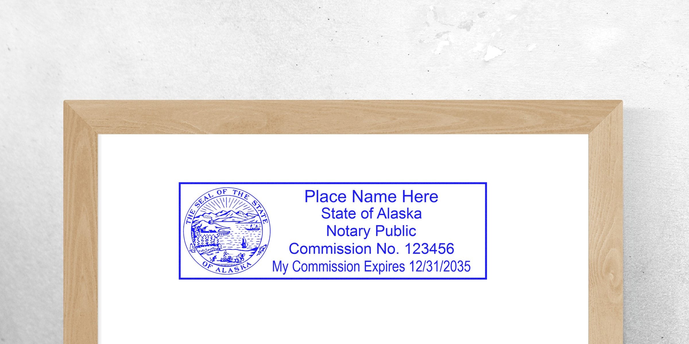 Alaska notary stamp with state seal and commission expiration date, perfect for business notary supplies.