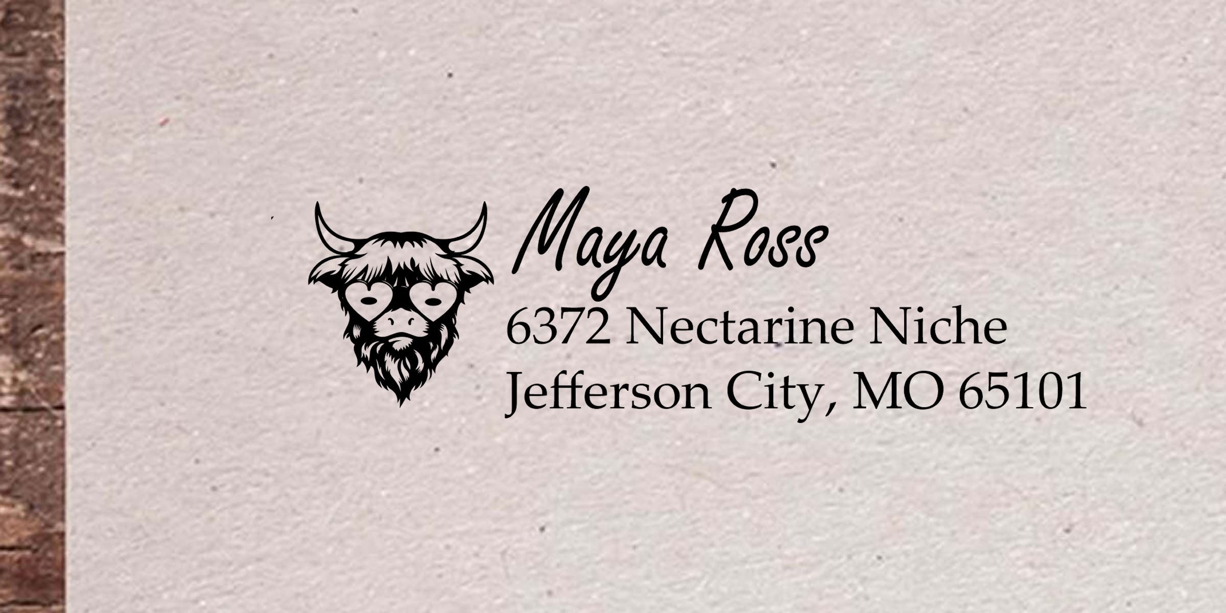Custom cow logo mailing address label for Maya Ross, 6372 Nectarine Niche, Jefferson City, MO 65101