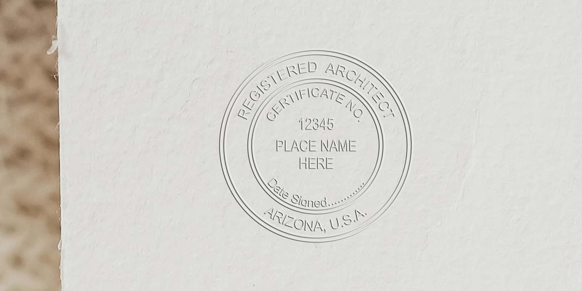 Registered architect embossed seal certificate on white paper, Arizona, USA, featuring Arizona architect stamp cost and pricing details.