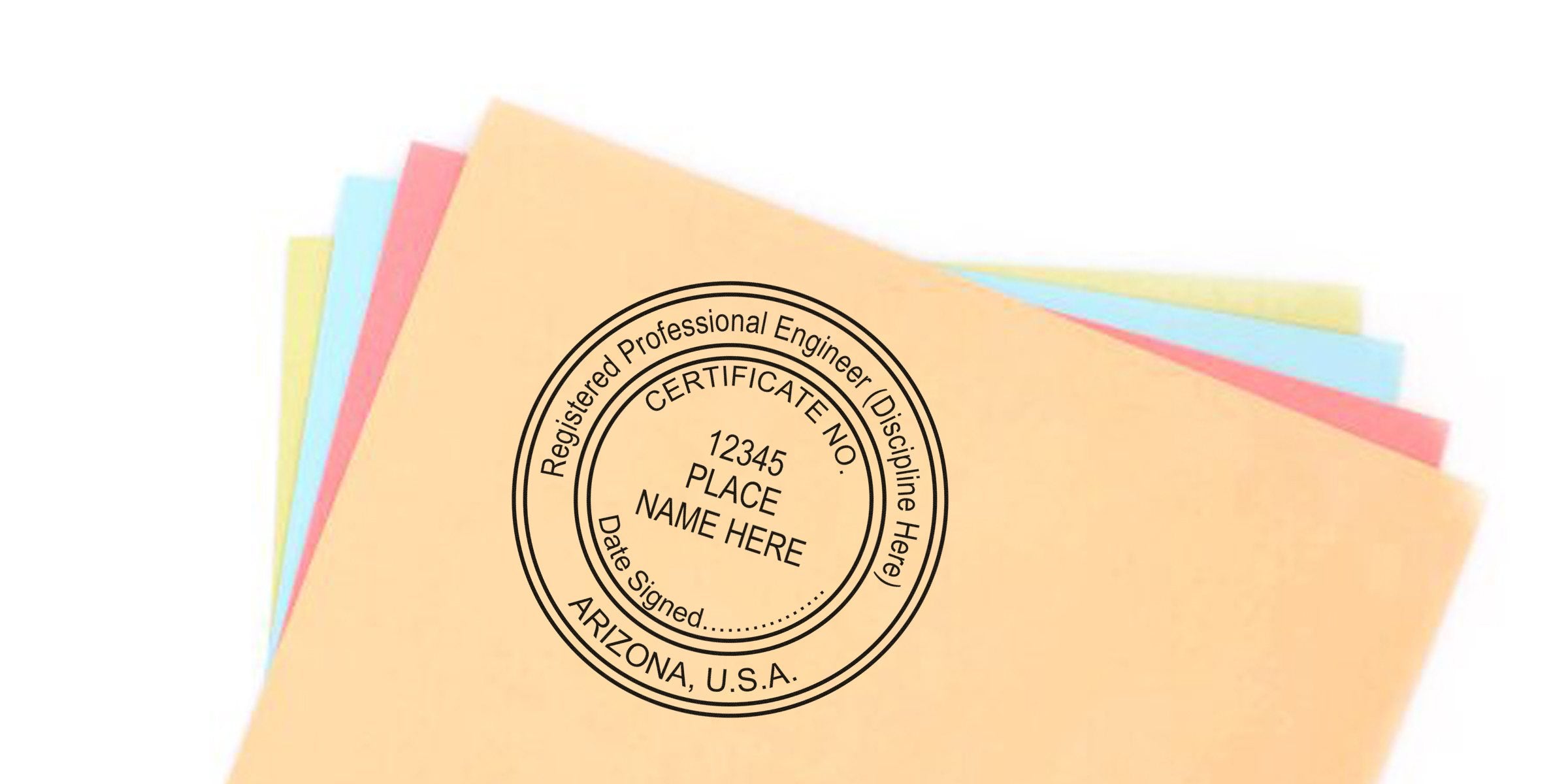 Engineer stamp Arizona on vibrant certificate papers with a registered professional engineer project approval seal.
