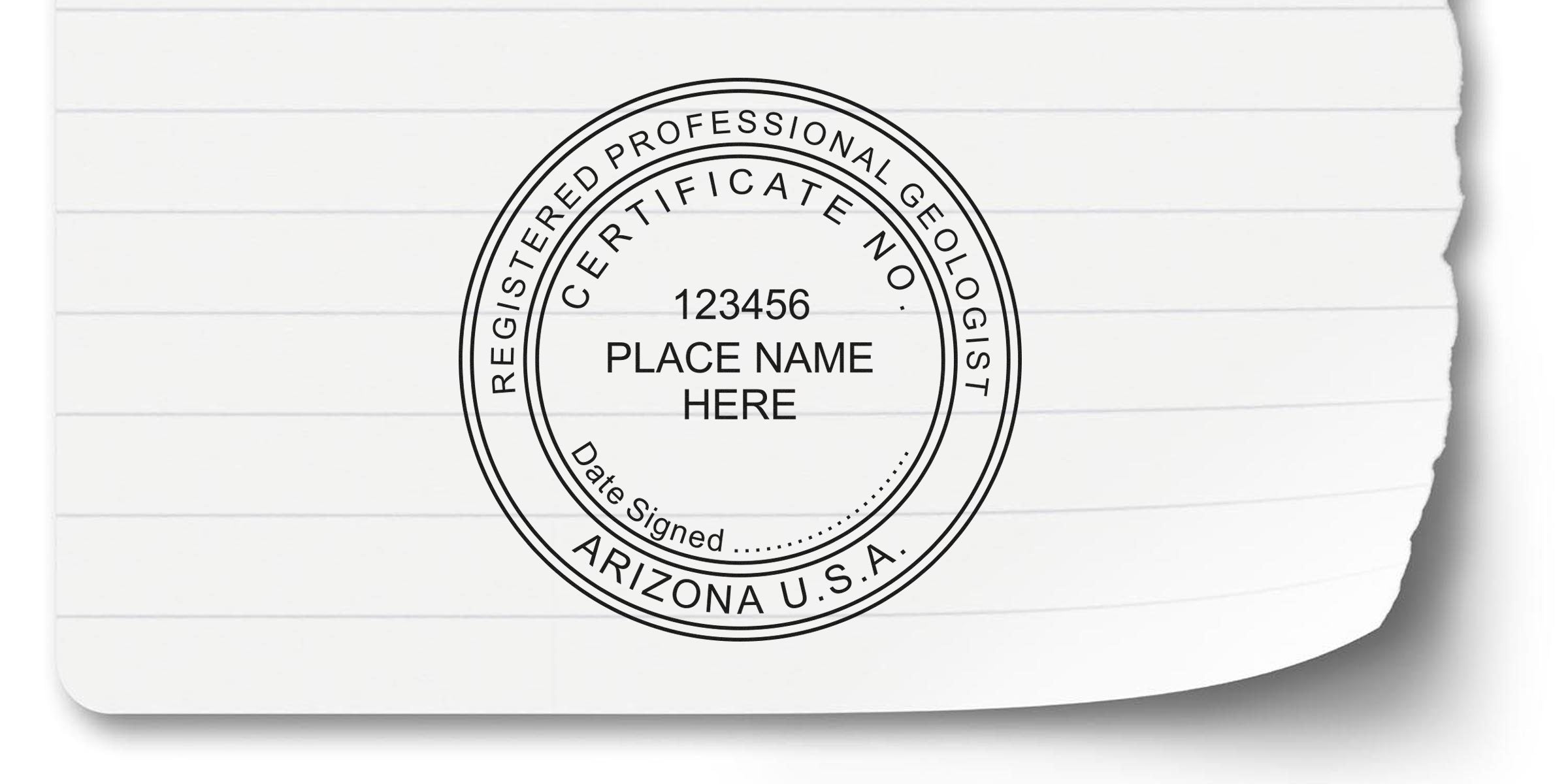 Arizona registered professional geologist certification stamp with certificate number and location placeholder on lined paper, complying with Arizona Geologist Stamp guidelines.