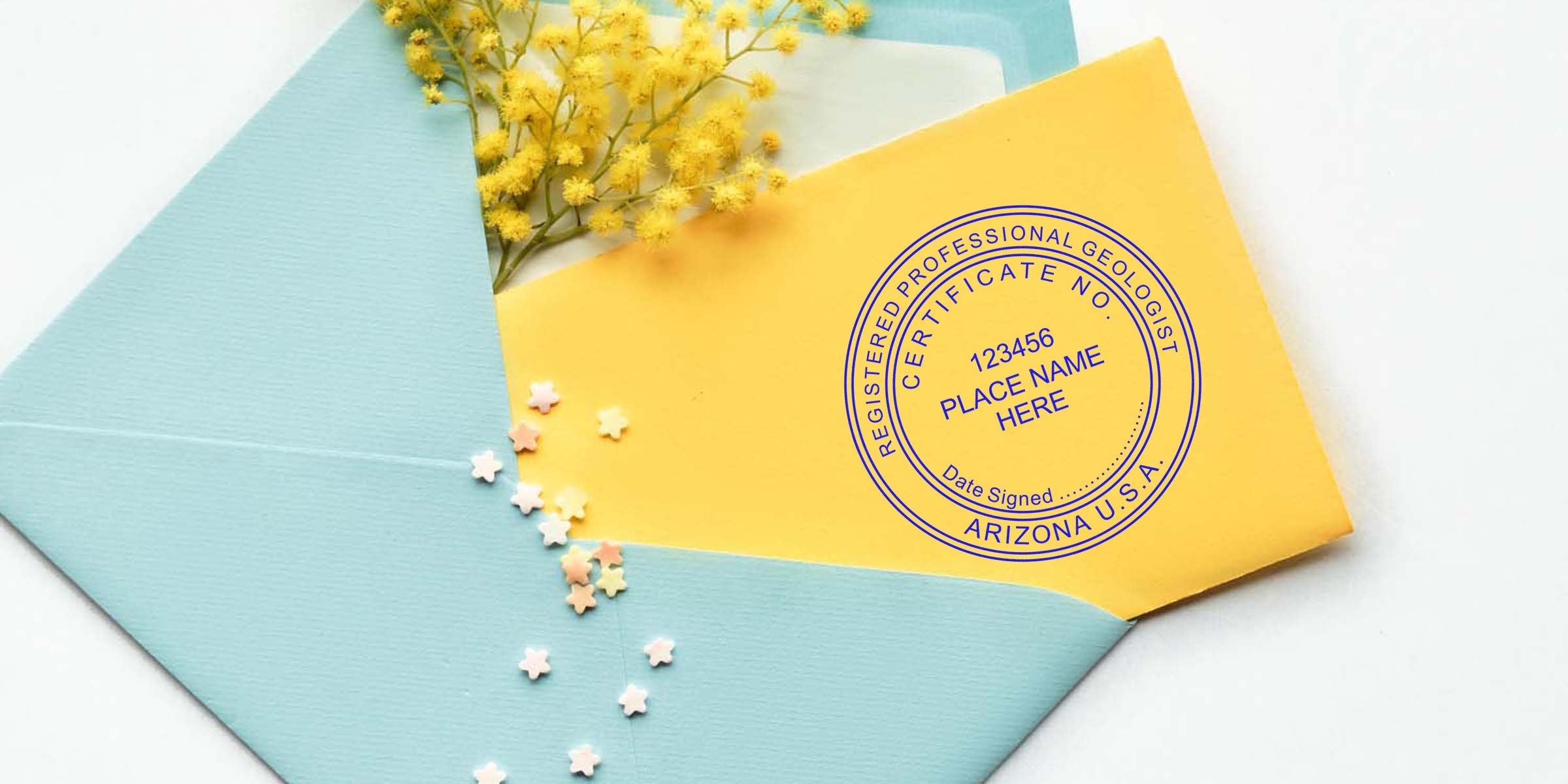 Blue envelope with yellow card featuring Arizona Geologist Stamp and registered professional geologist certification, highlighting Geologist Stamp cost in Arizona, USA.