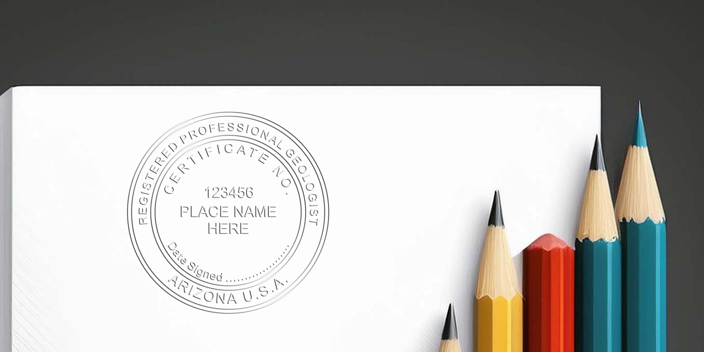 Arizona geologist stamp on white paper with colorful pencils in ascending order, emphasizing the importance of selecting the right geologist stamp.