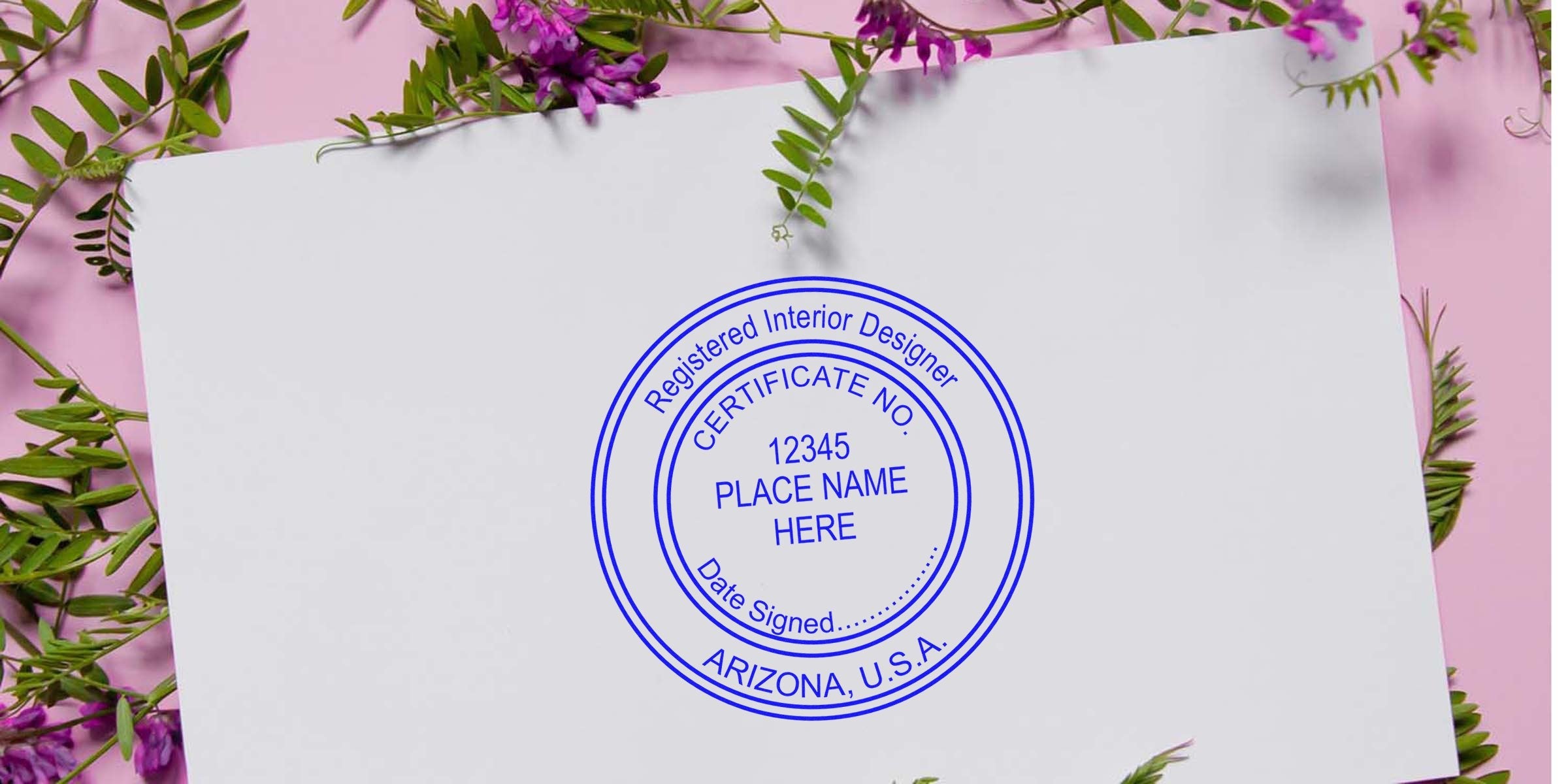 Registered Interior Designer certificate with Arizona license stamp, floral decoration, and Arizona U.S.A. certification seal, emphasizing the stamp purchase process.