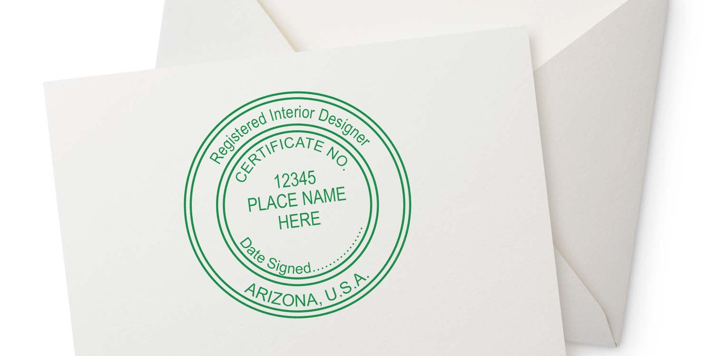 Registered interior designer certificate with Arizona seal on white envelope, alongside design tools in Arizona.