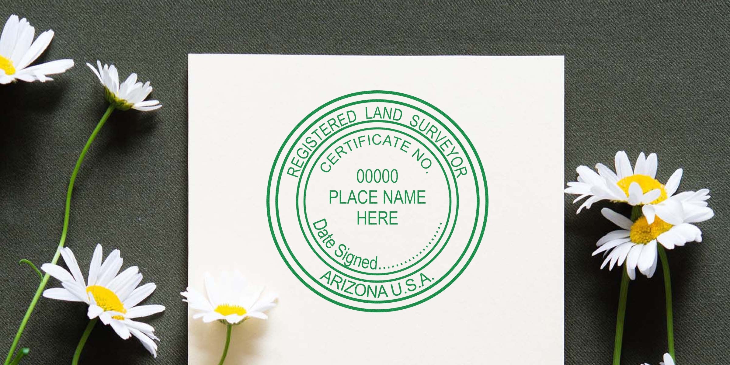 Arizona land surveyor stamp certificate with daisies on dark fabric, showcasing online surveyor stamp tips.