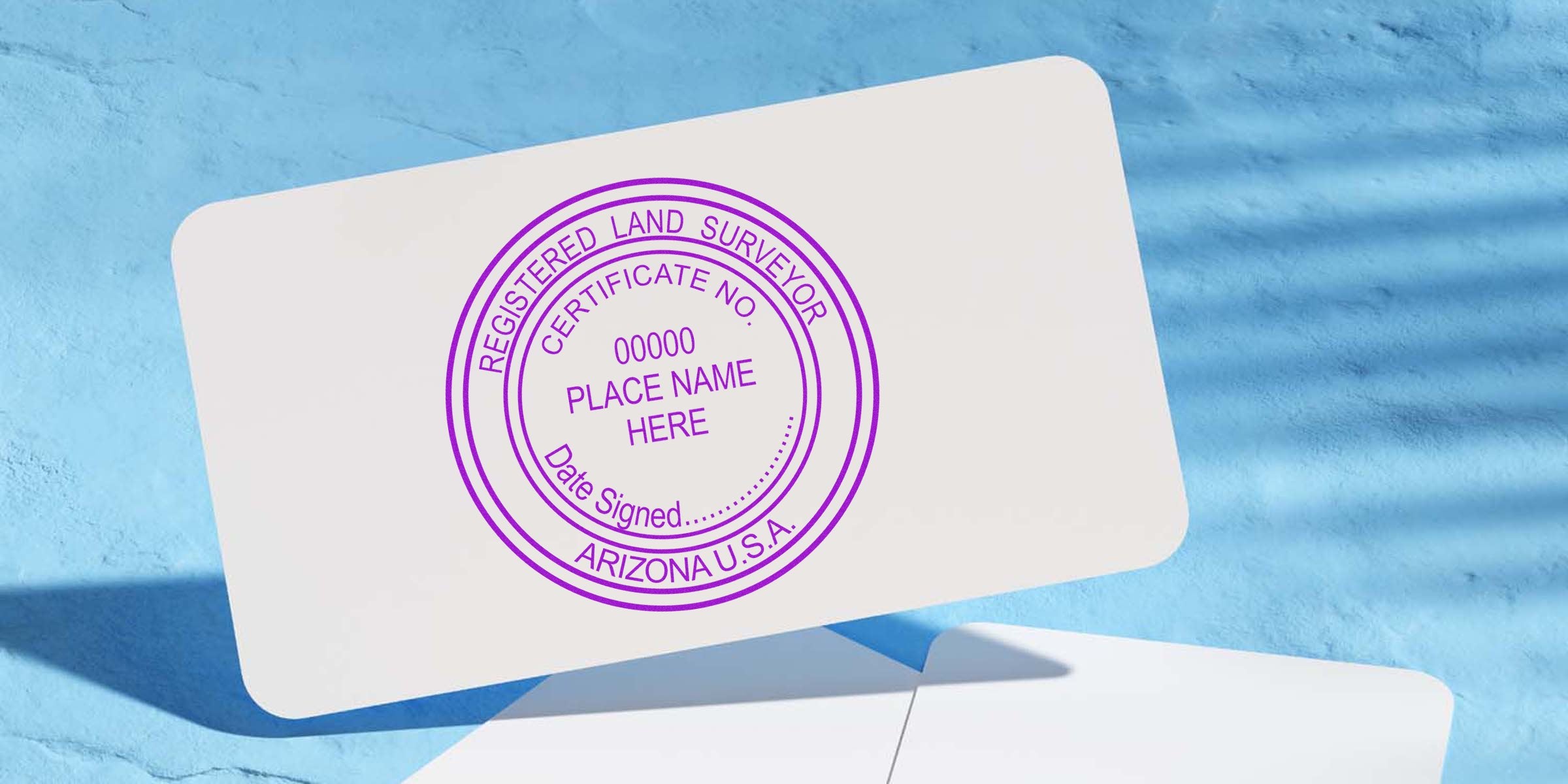 Arizona land surveyor stamp on white card, showing official size for land survey certification.
