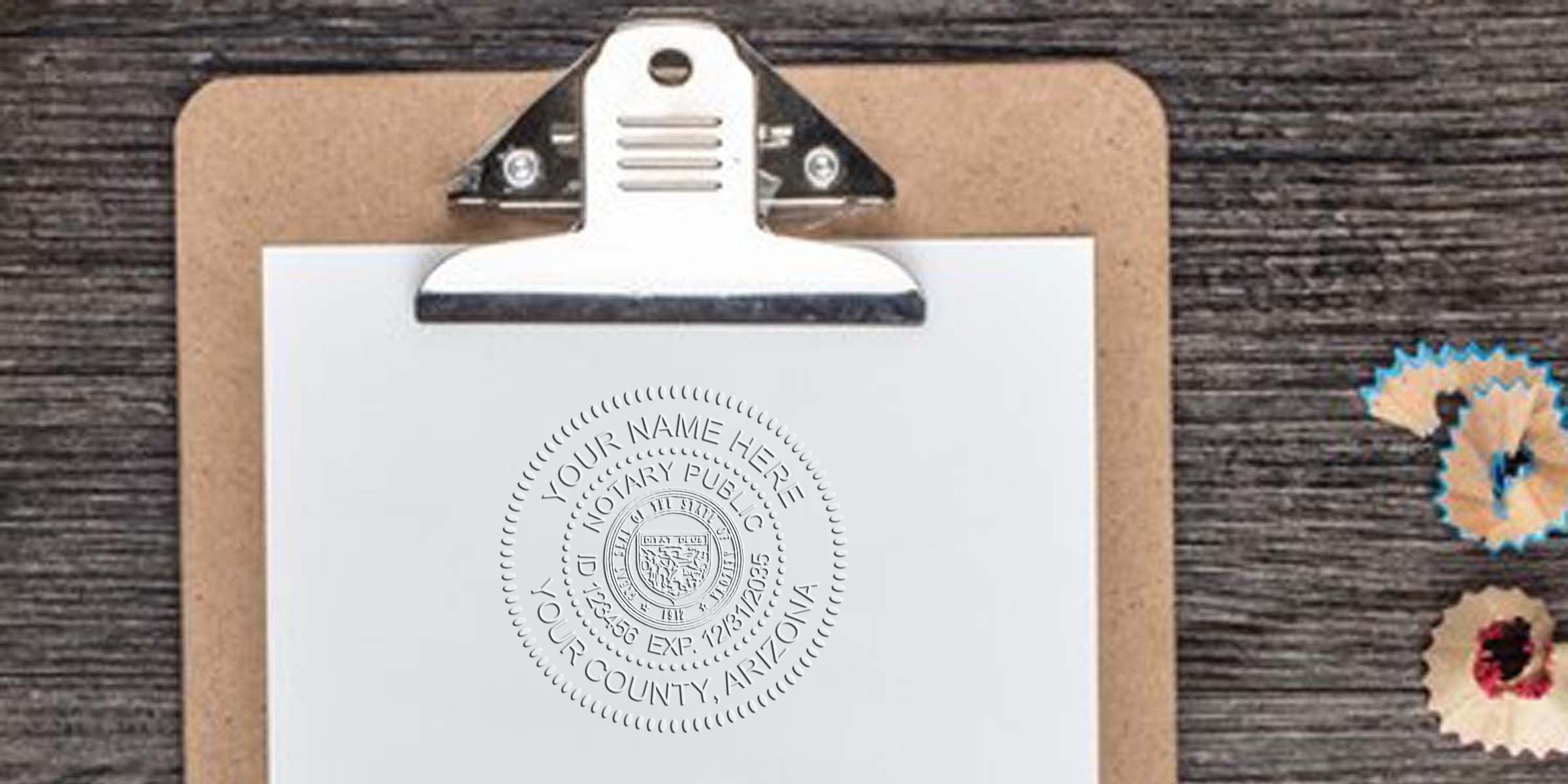 Embossed notary public seal on clipboard with paper, official Arizona certification stamp, showcasing AZ notary supplies and upgraded notary tools.