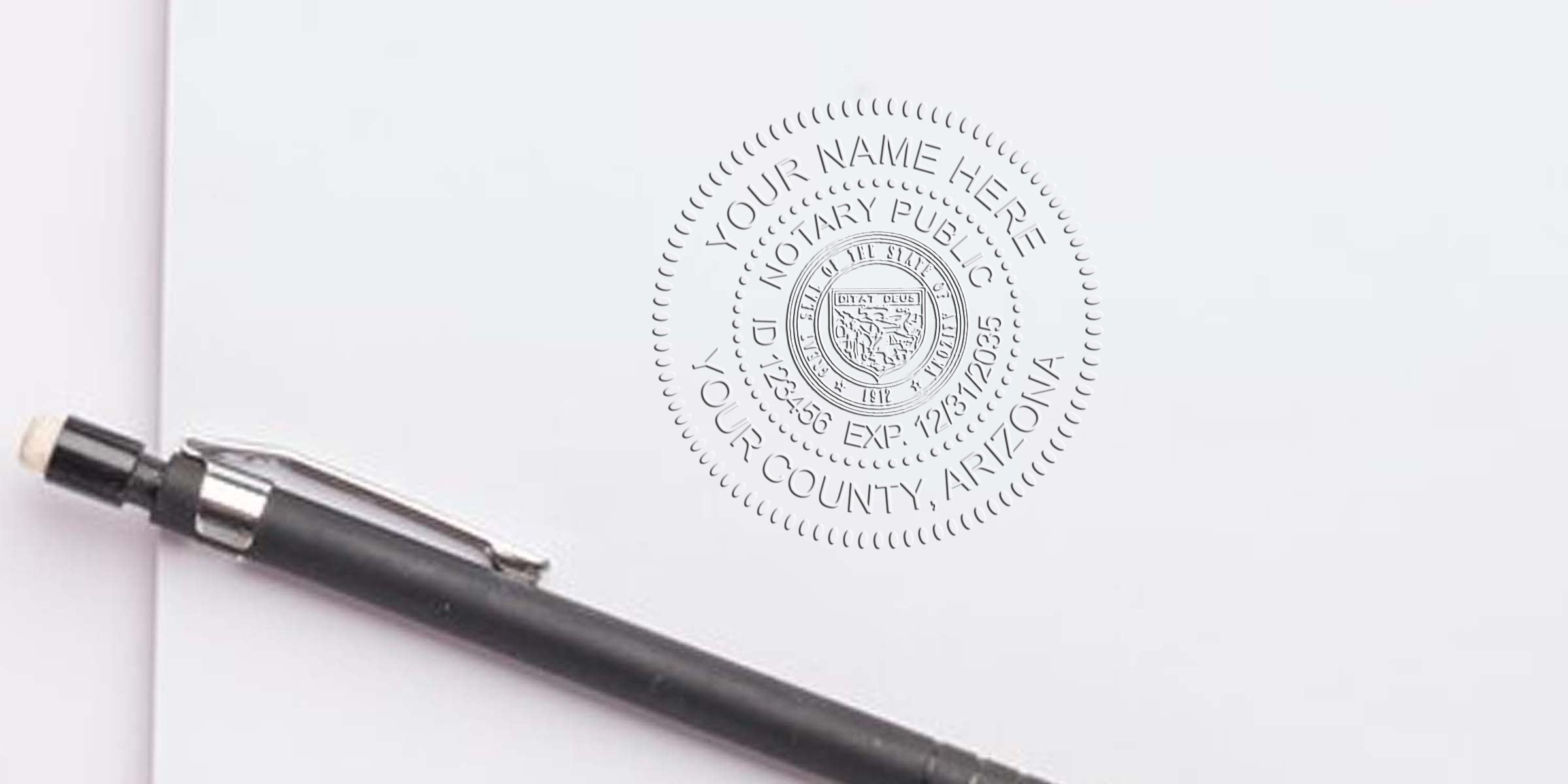 Arizona notary seal embossed on white paper with black pen, highlighting a top notary stamp choice for official documents in Arizona.