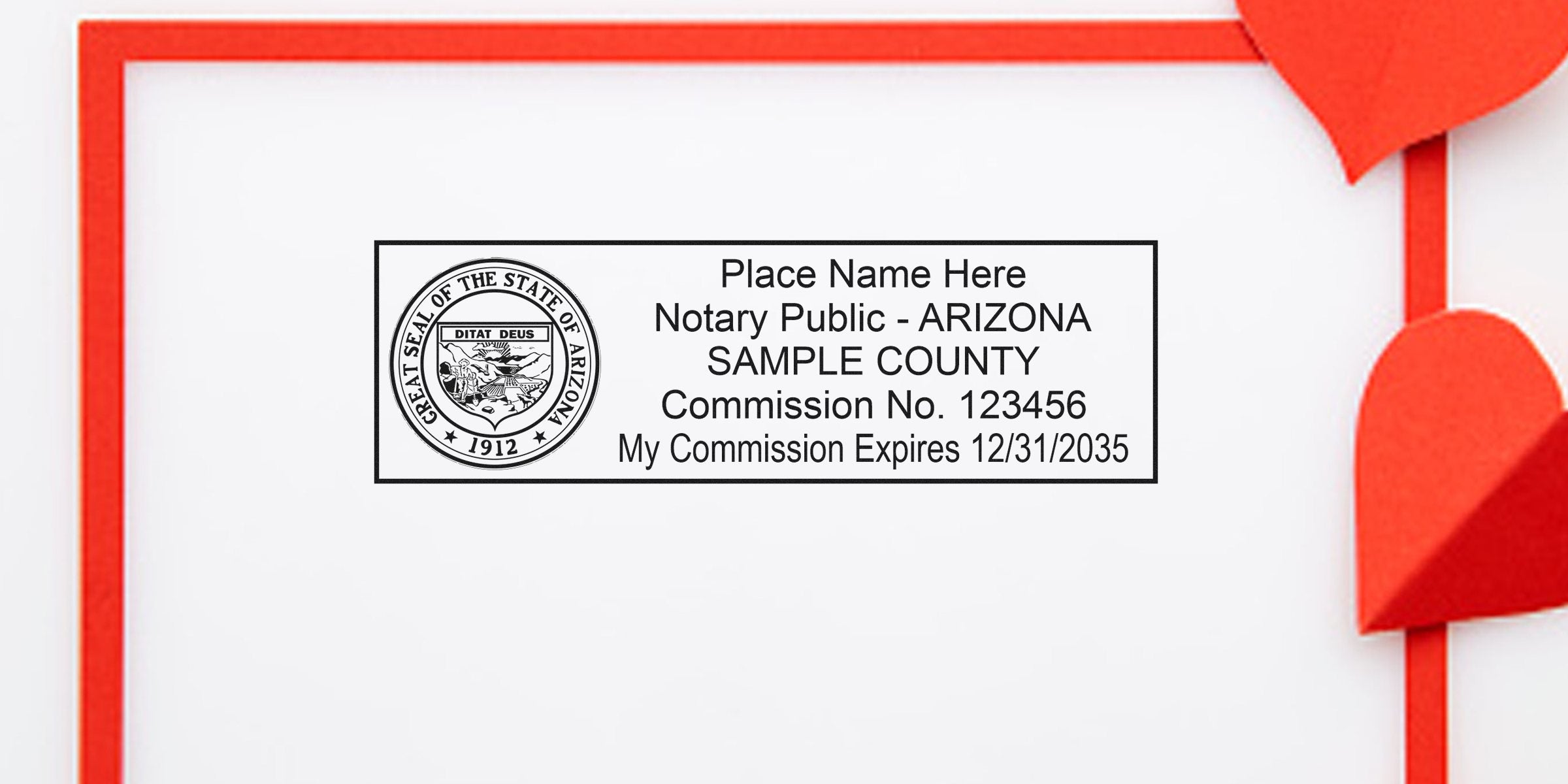 Arizona notary public commission certificate with state seal, red heart decorations, and displaying Arizona notary stamps and stamp options.
