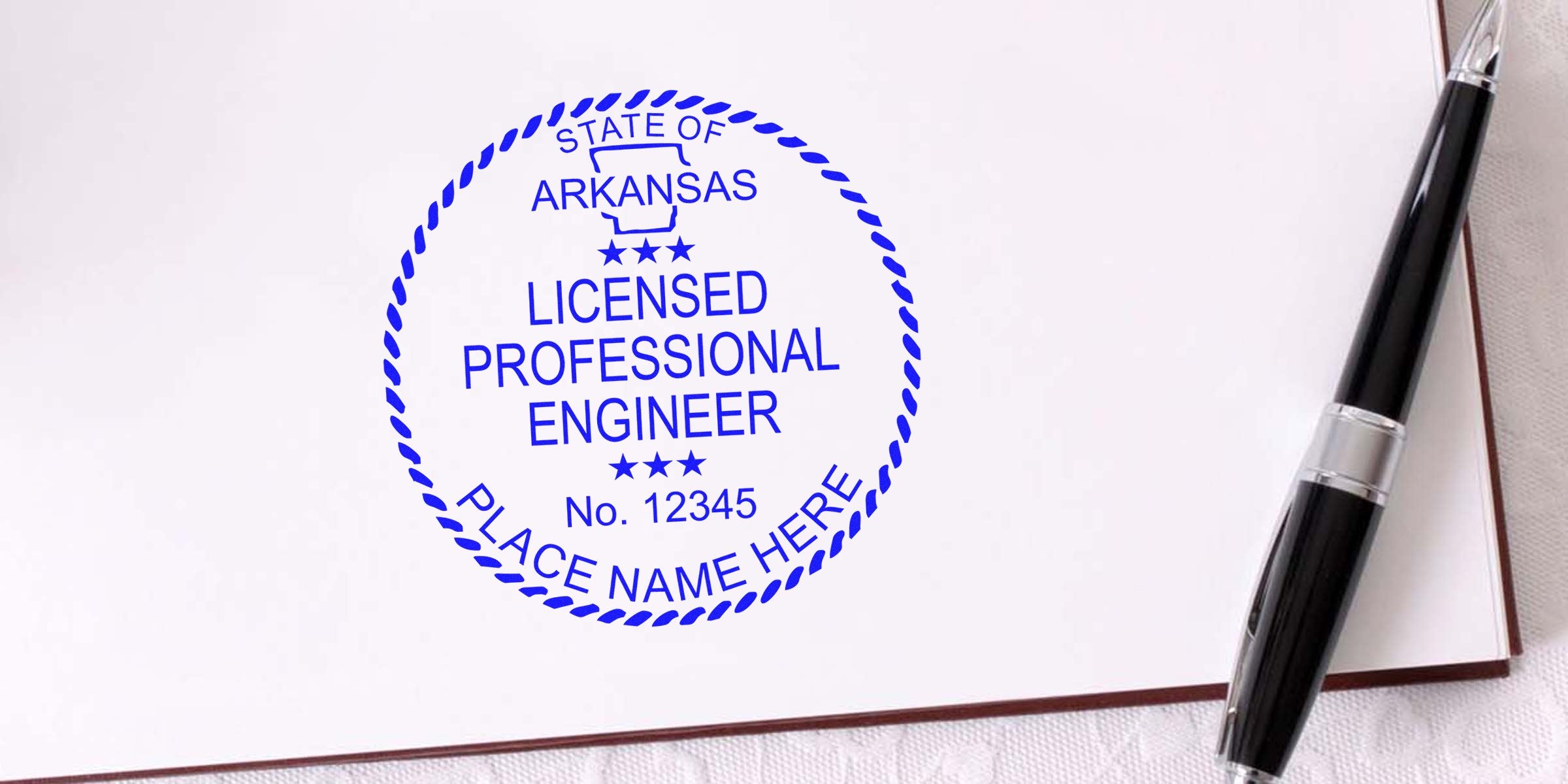 Arkansas PE Seal stamped in black pen on white paper for Professional Engineer Certification verification.