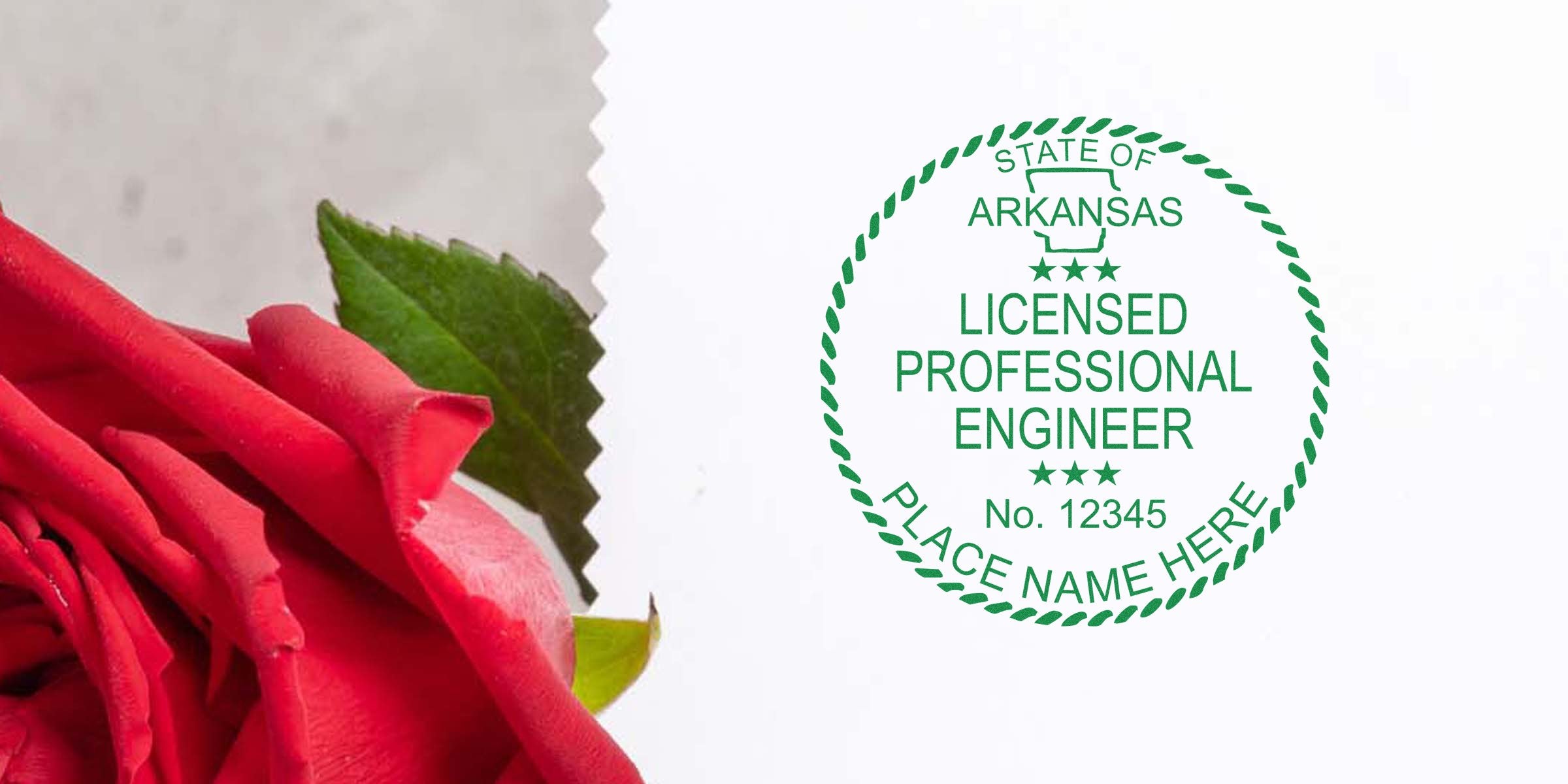 Arkansas engineer stamp with licensed professional engineer seal and red rose on white background, highlighting frequent engineer stamp order errors.
