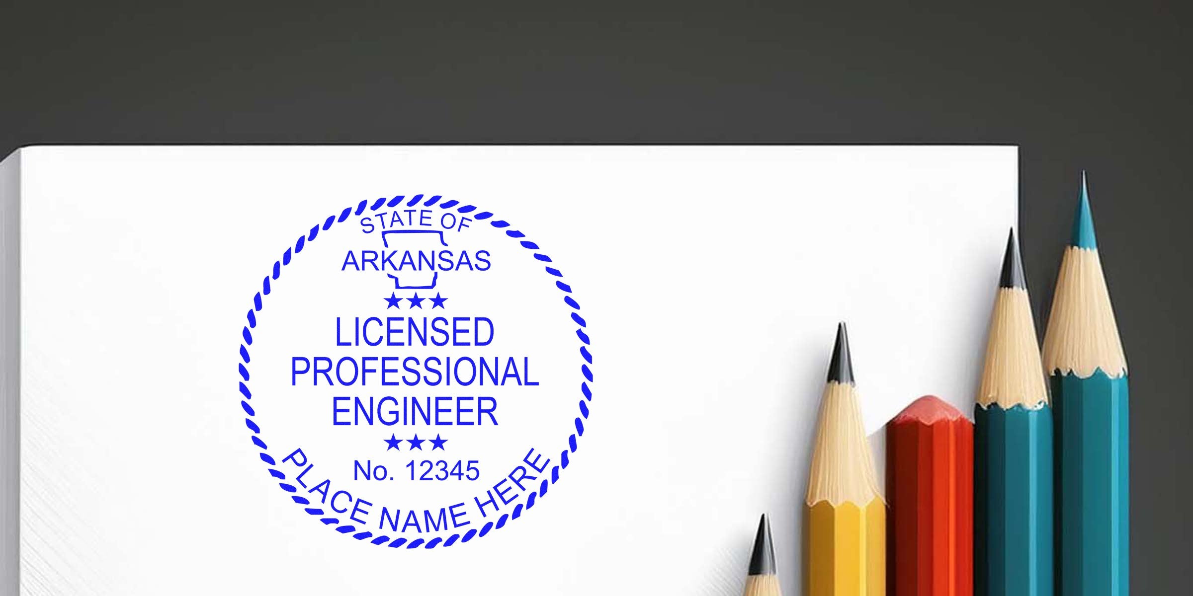 Arkansas engineer stamp with colorful pencils symbolizing growth, featuring licensed professional engineer seal and engineer stamp delivery in Arkansas.