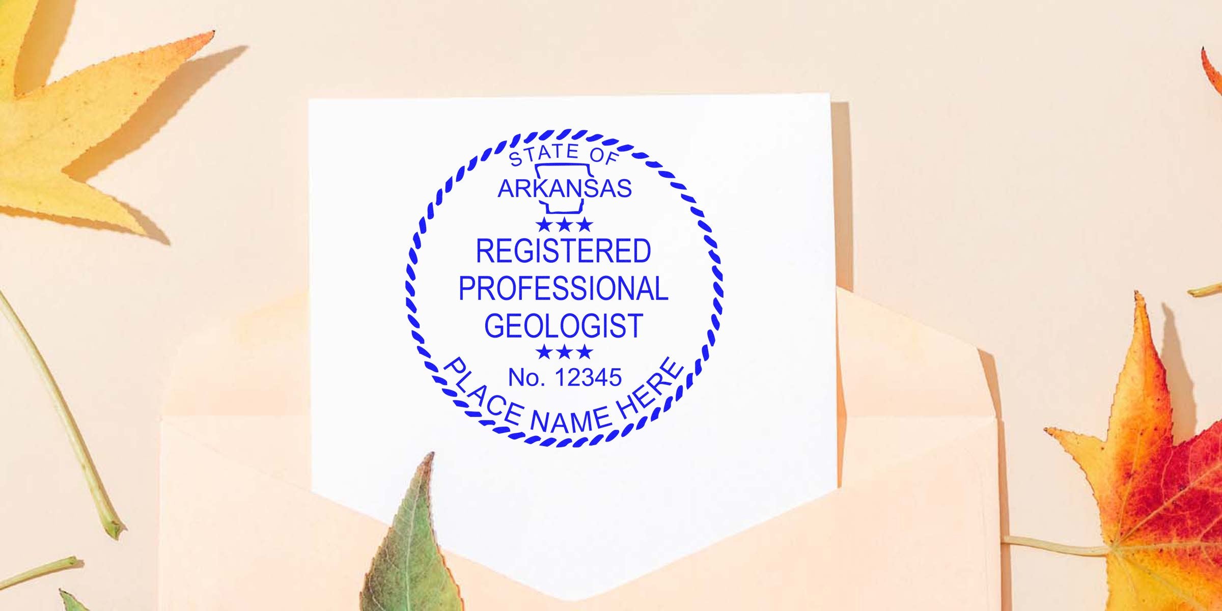 Arkansas geologist stamp on white paper with autumn leaves background, shown in a geologist stamp buying guide.