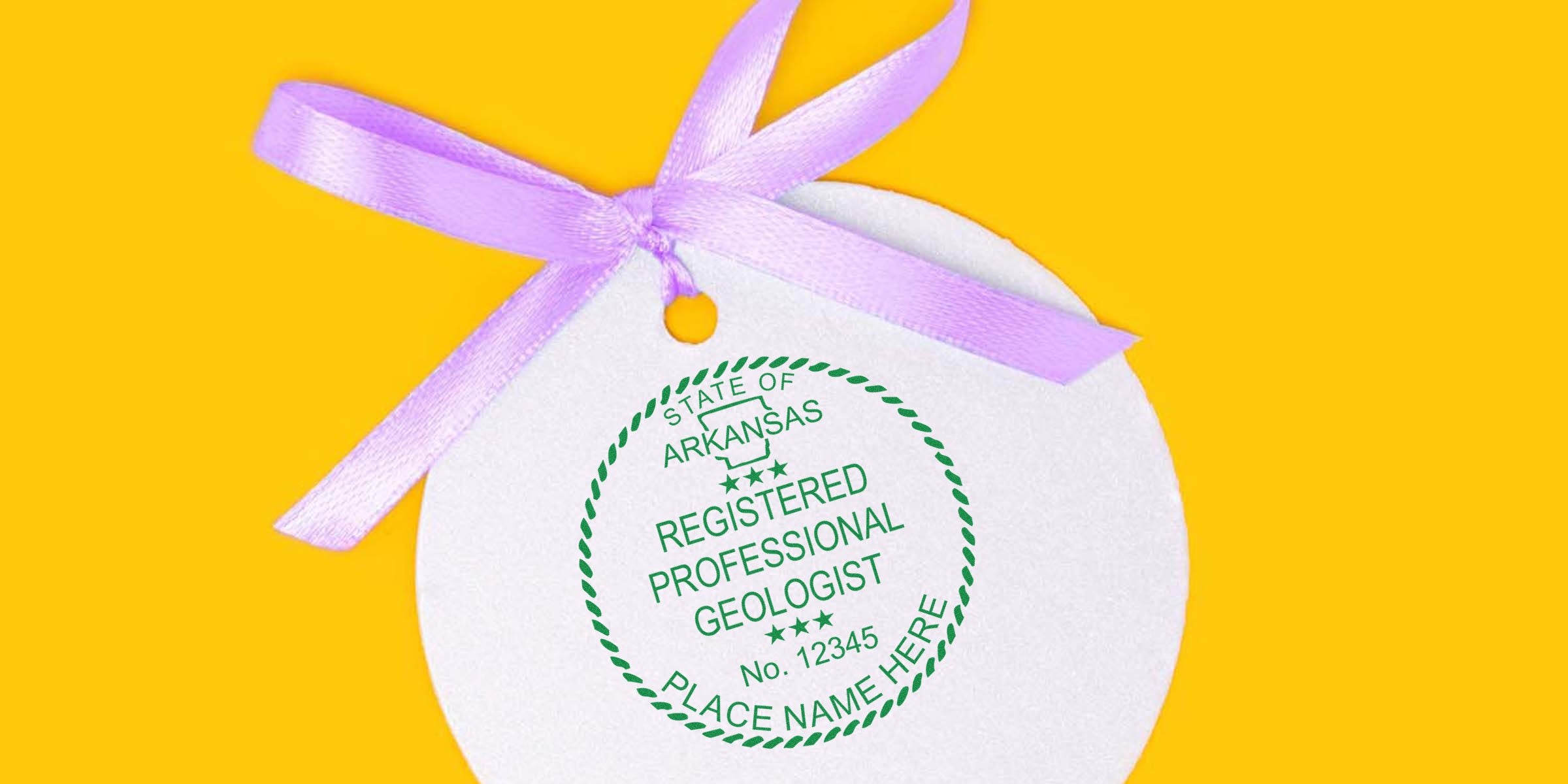 Arkansas registered professional geologist certification seal with purple ribbon on yellow background, perfect for Arkansas geologist stamp, featuring ideal size for geologist use.