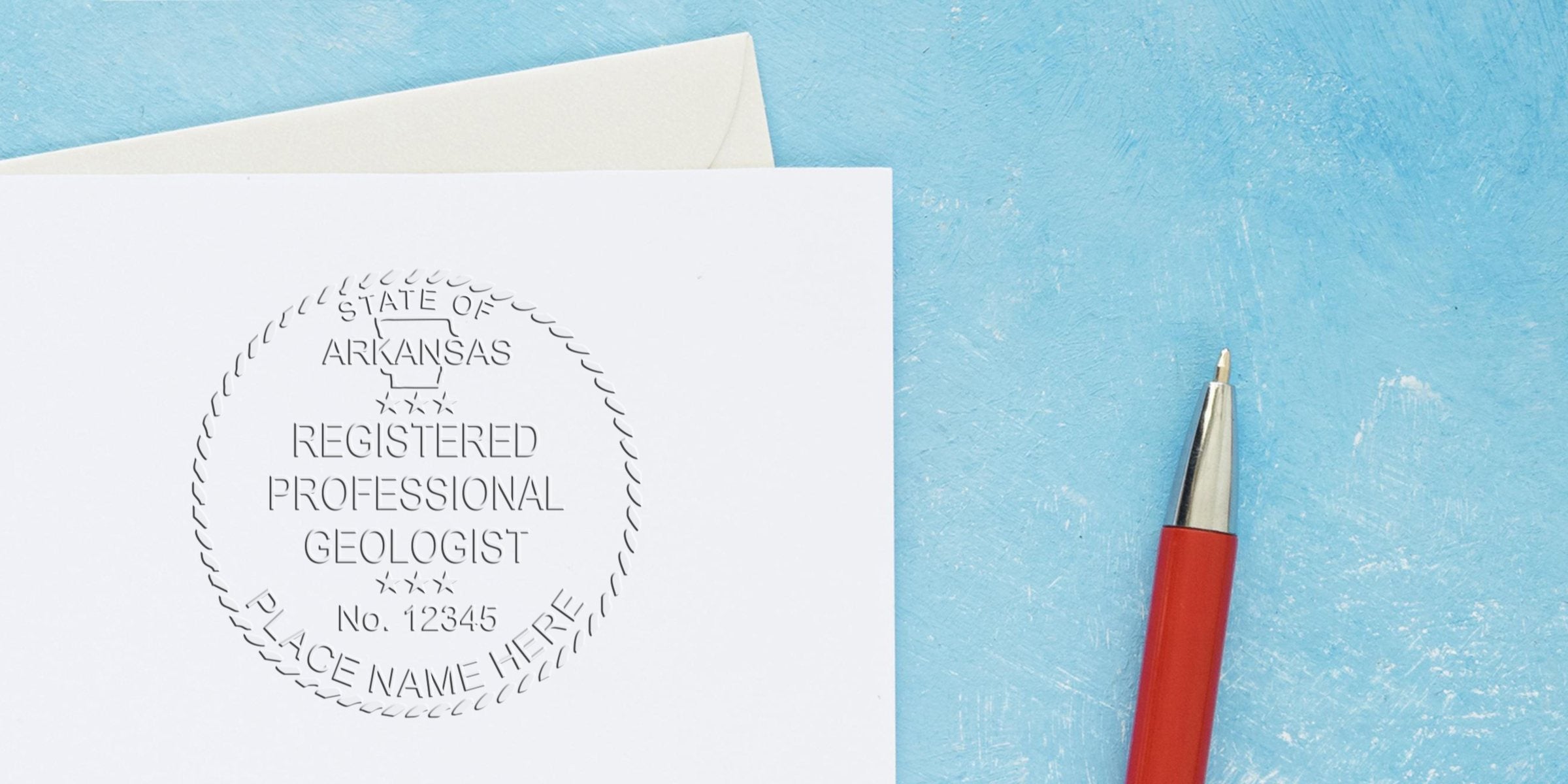 Embossed Arkansas geologist stamp on white paper with red pen on blue background, showing Registered Professional Geologist seal and Arkansas certification details.